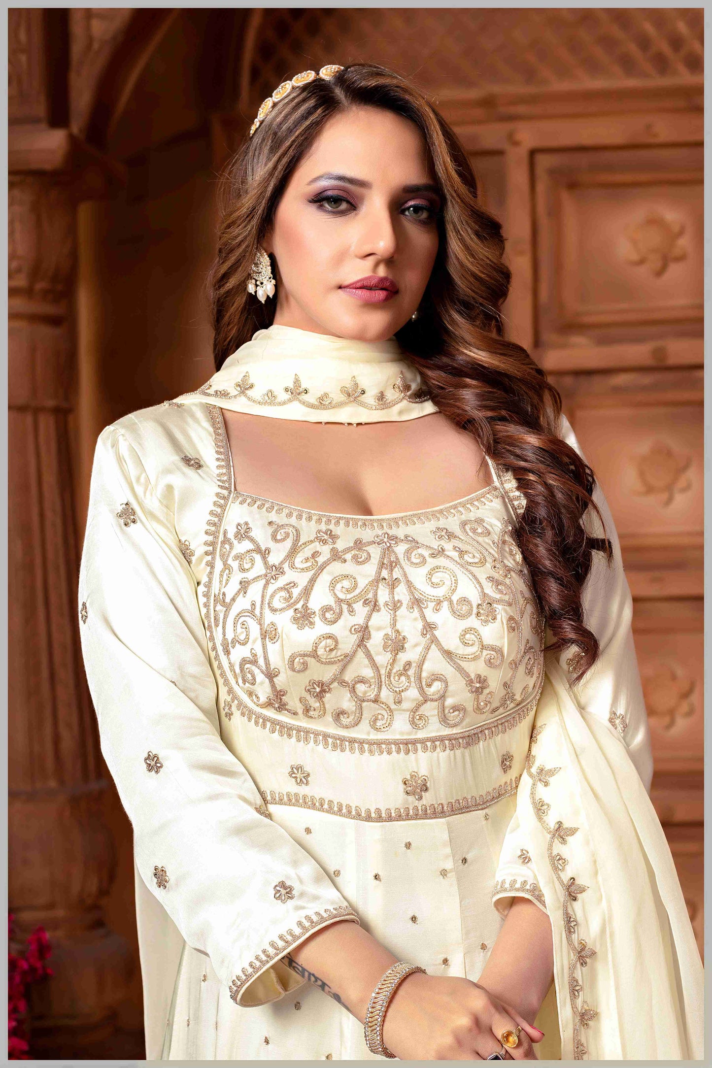 Off White Embroidered Anarkali Set.