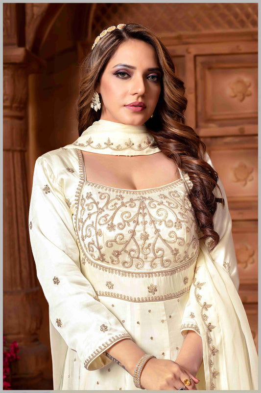 Off White Embroidered Anarkali Set.