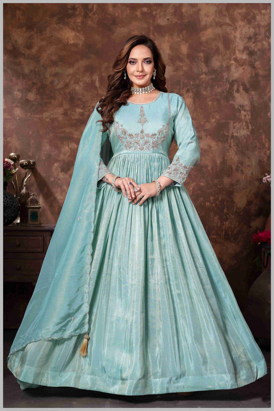 Teal Blue Anarkali with Golden Thread Embroidery