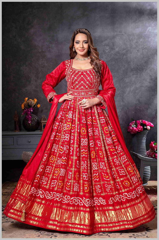 Red Mirror Anarkali with Bandhej-Style Dupatta