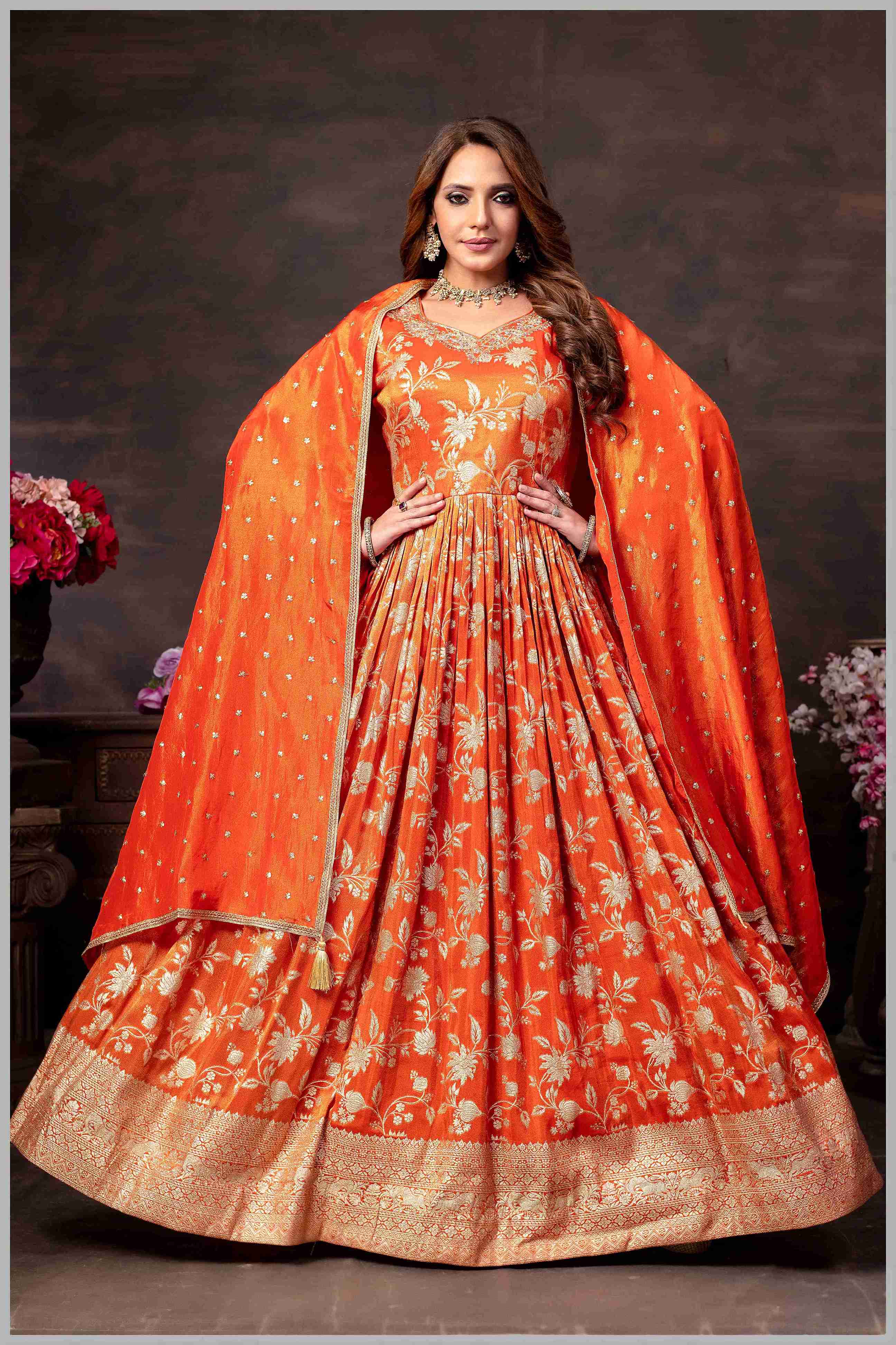 Elegant Rust Anarkali with  Designer Dupatta