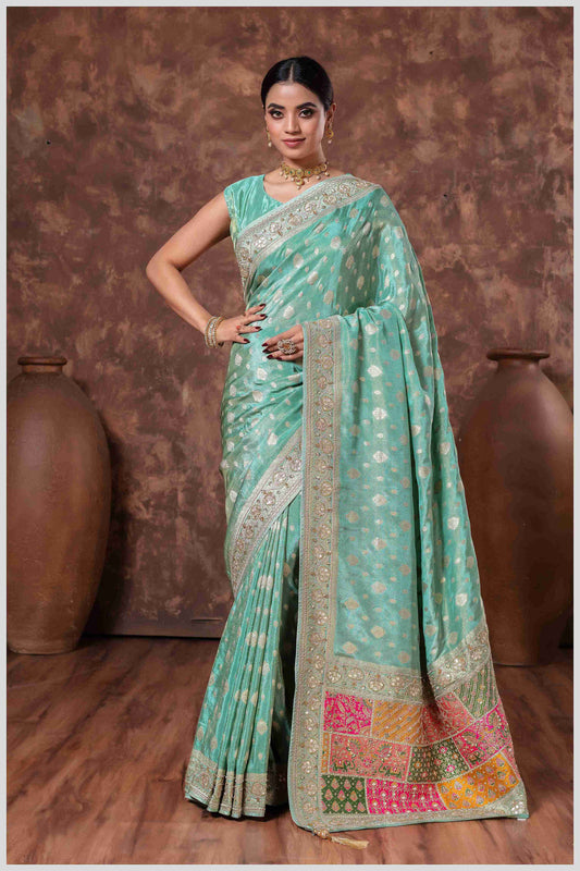 Dusty Blue Silk Saree with Mirror Border & Patched Pallu