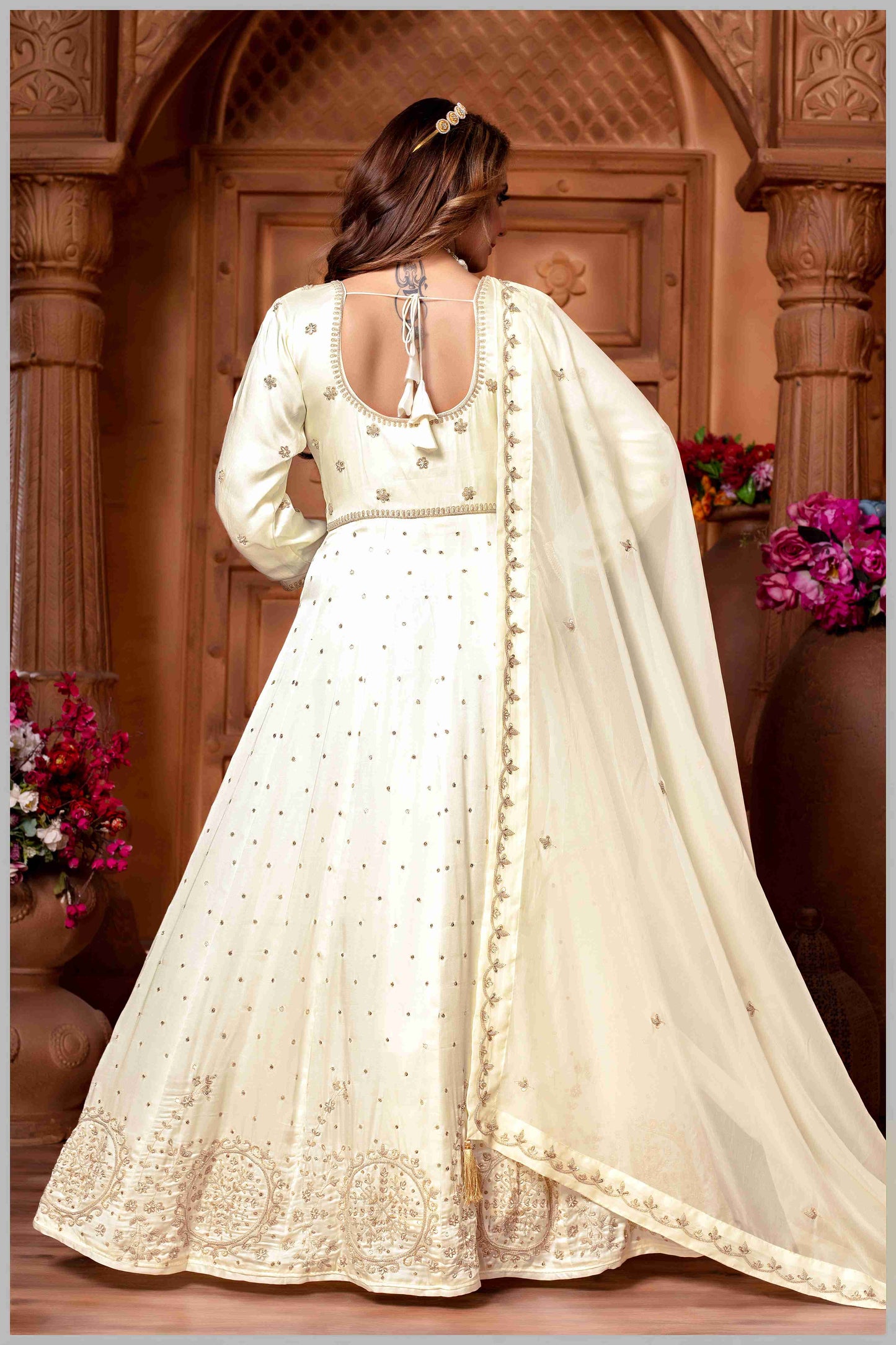 Off White Embroidered Anarkali Set.