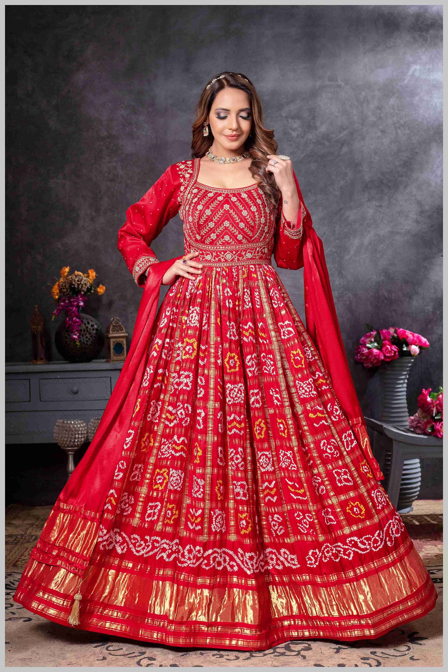 Red Mirror Anarkali with Bandhej-Style Dupatta