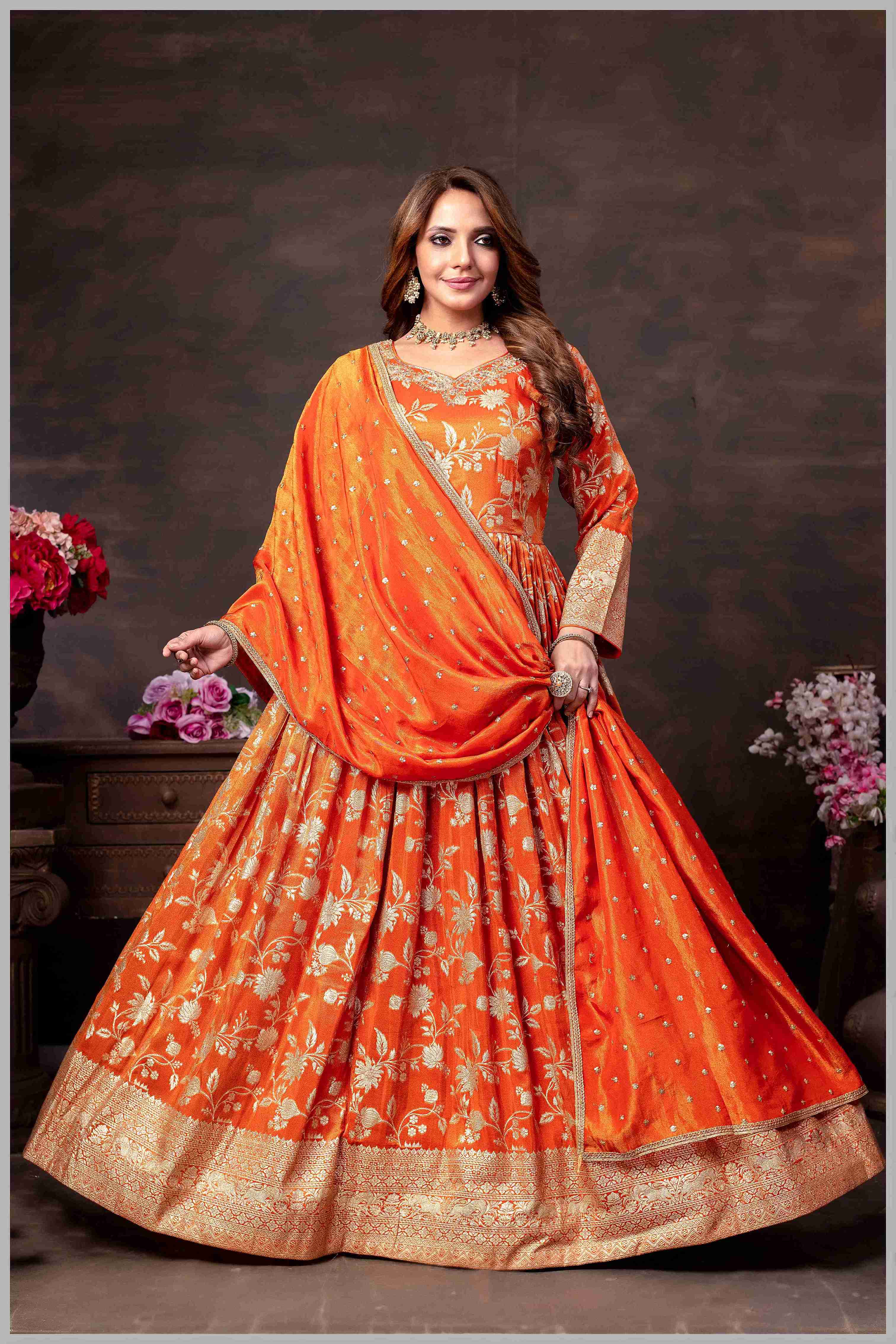 Elegant Rust Anarkali with  Designer Dupatta