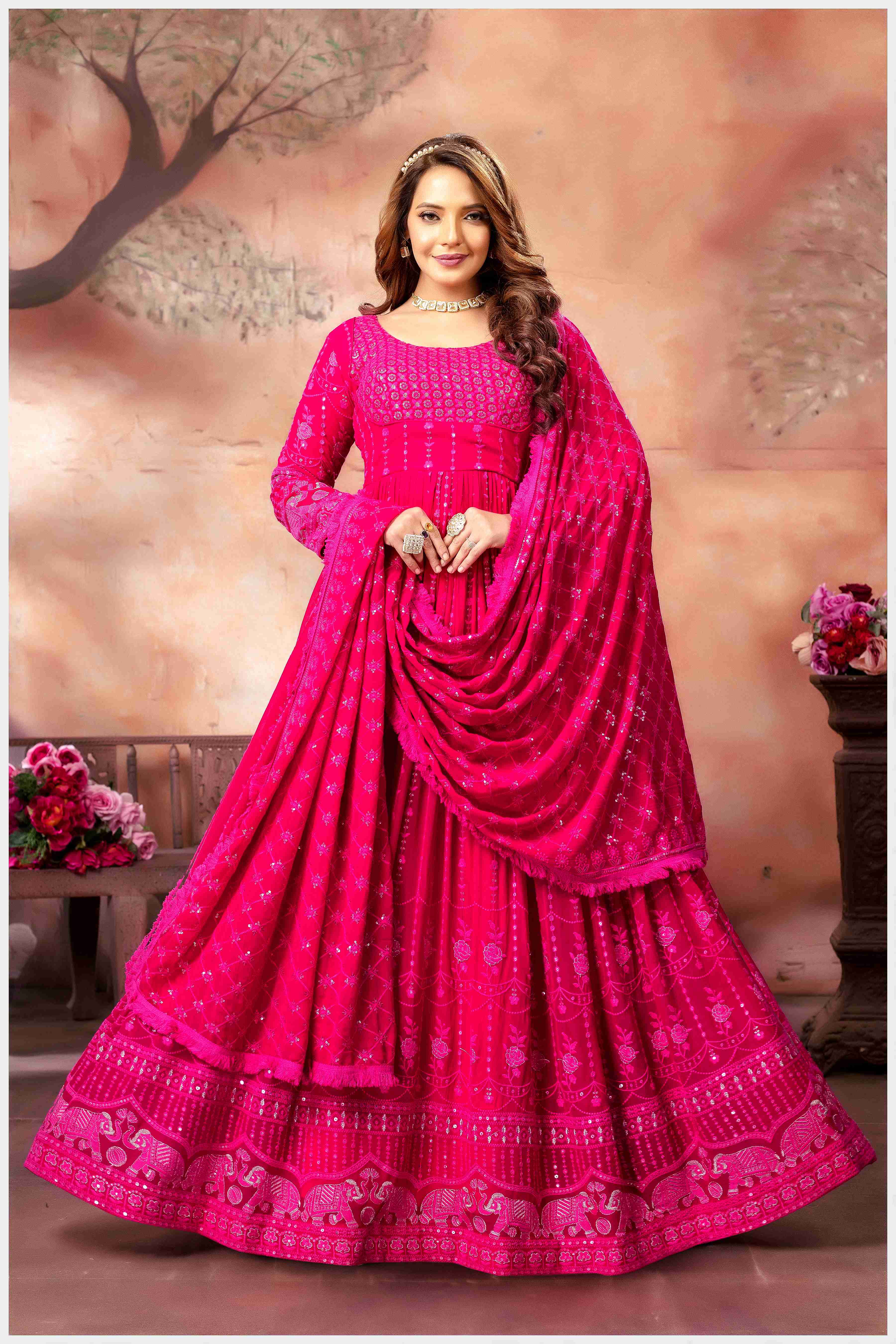 Pink Lucknowi Anarkali Gown with Mirror Work and Embroidered Dupatta