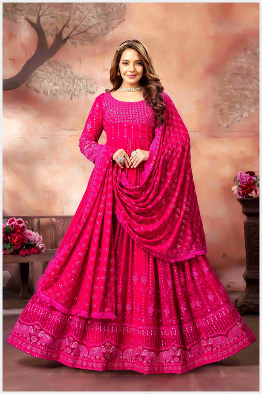 Pink Lucknowi Anarkali Gown with Mirror Work and Embroidered Dupatta