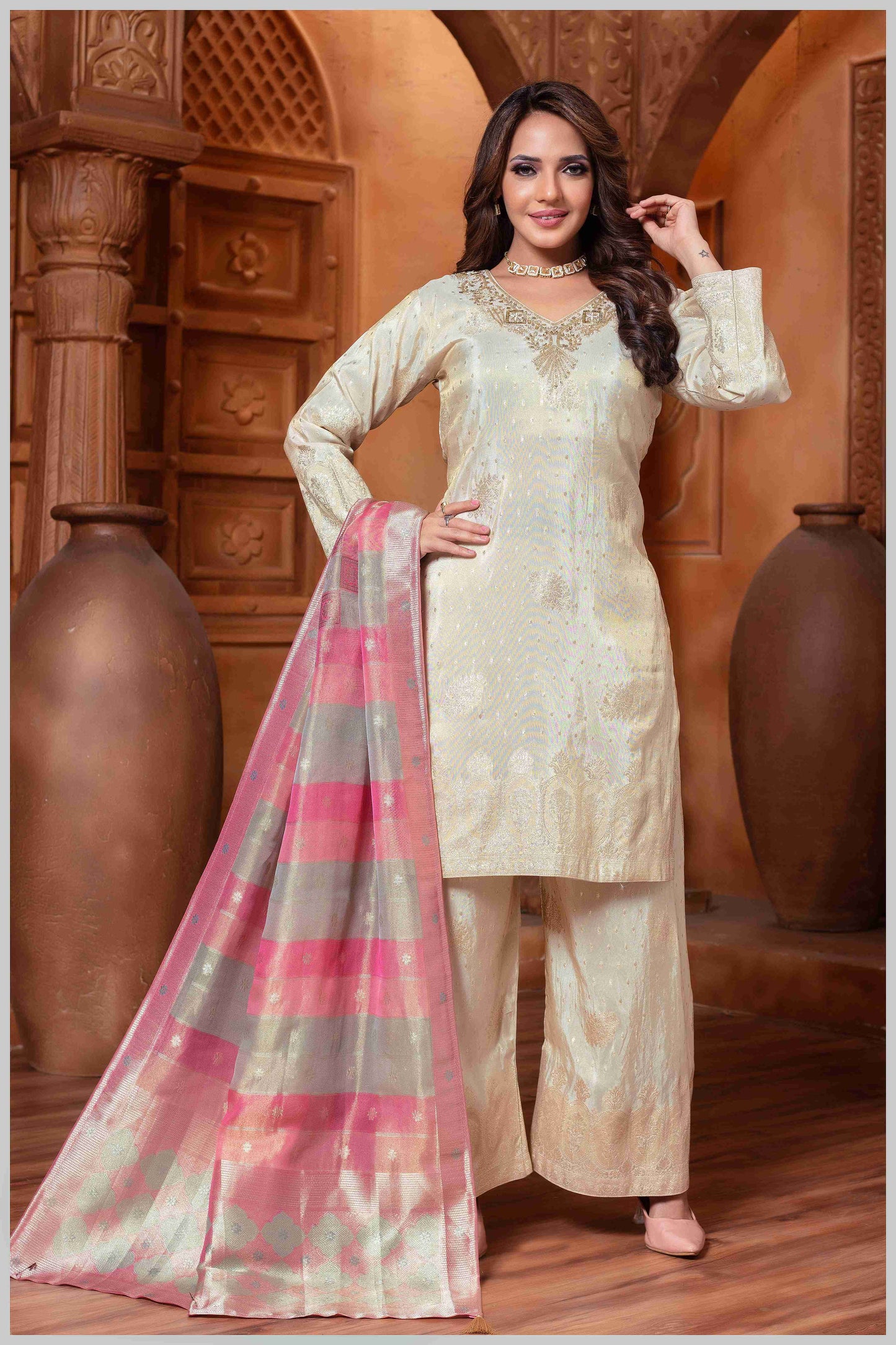 offwhite Tissue Plazo Set with Zari Woven Detailing