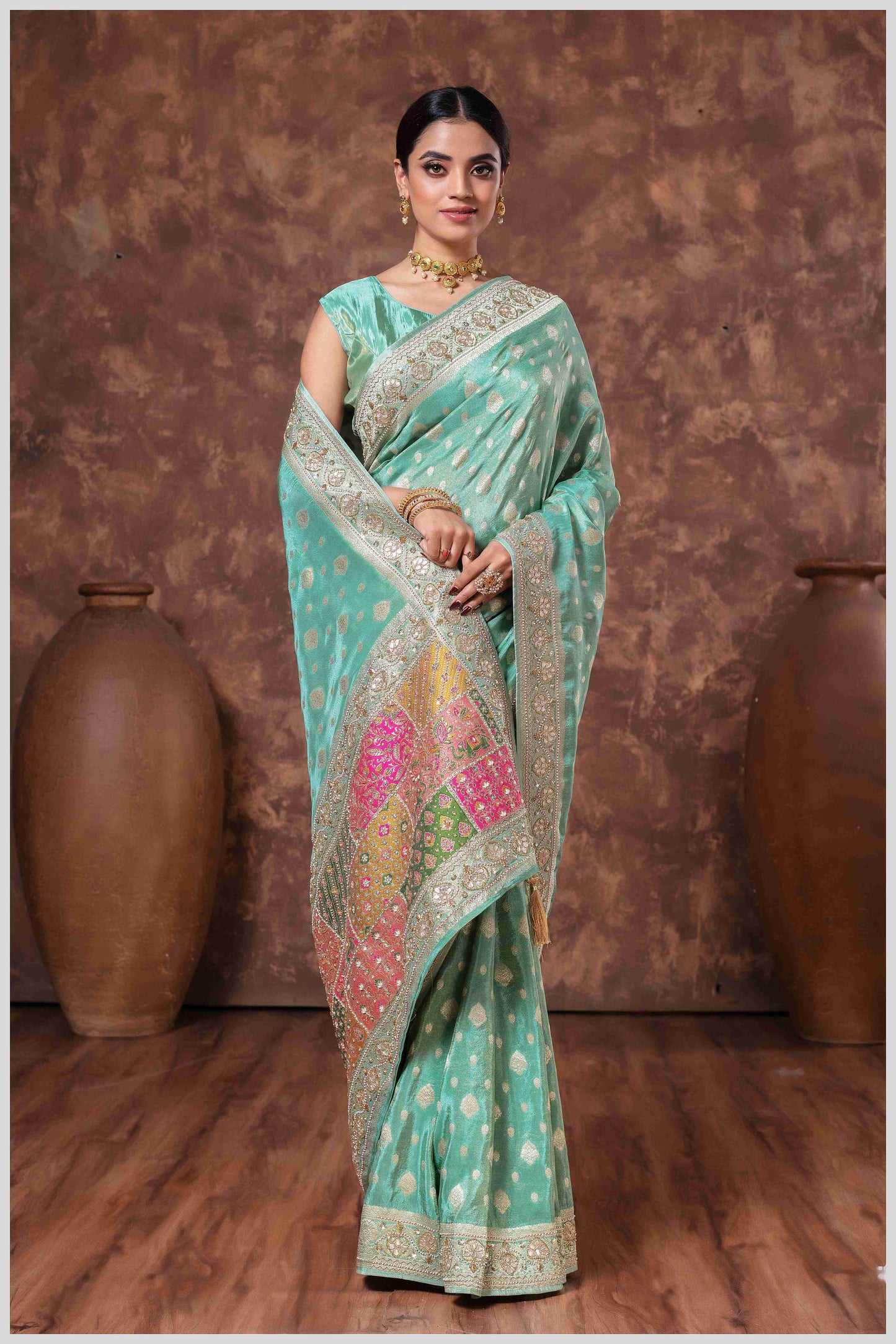 Dusty Blue Silk Saree with Mirror Border & Patched Pallu