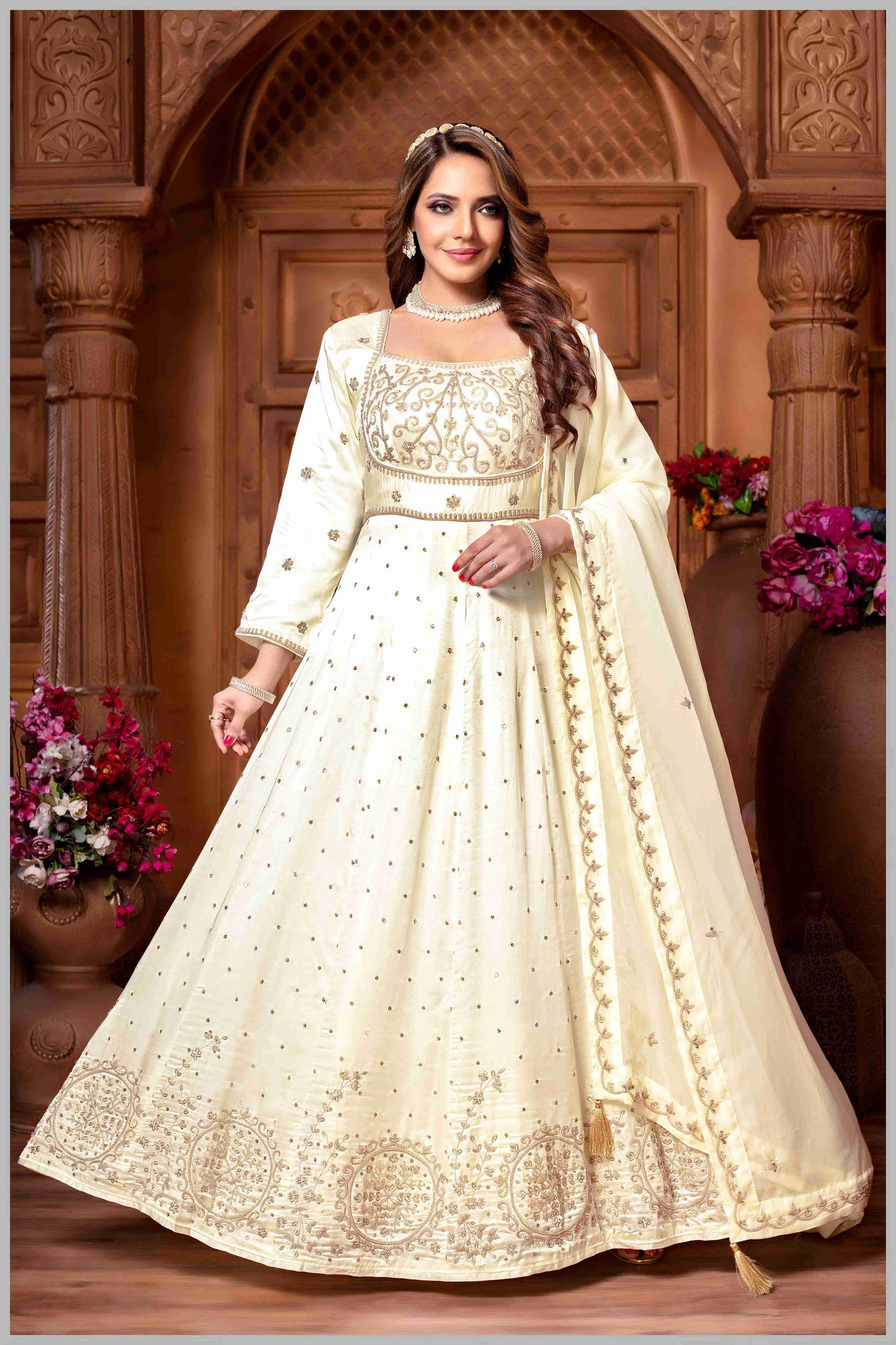 Off White Embroidered Anarkali Set.