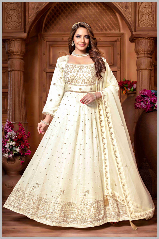 Off White Embroidered Anarkali Set.