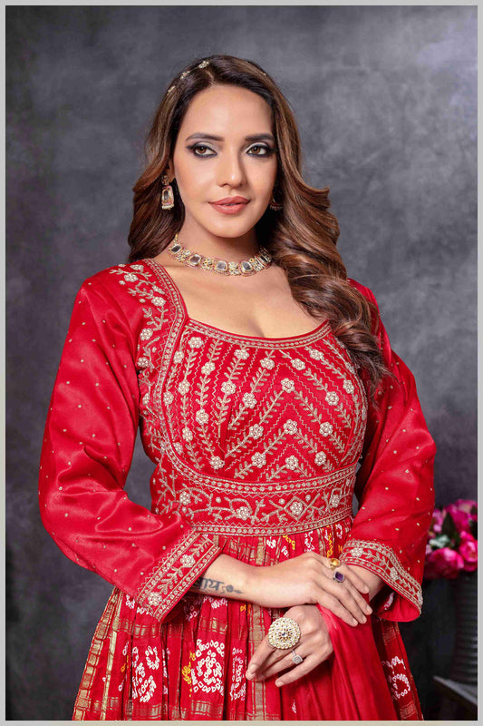 Red Mirror Anarkali with Bandhej-Style Dupatta