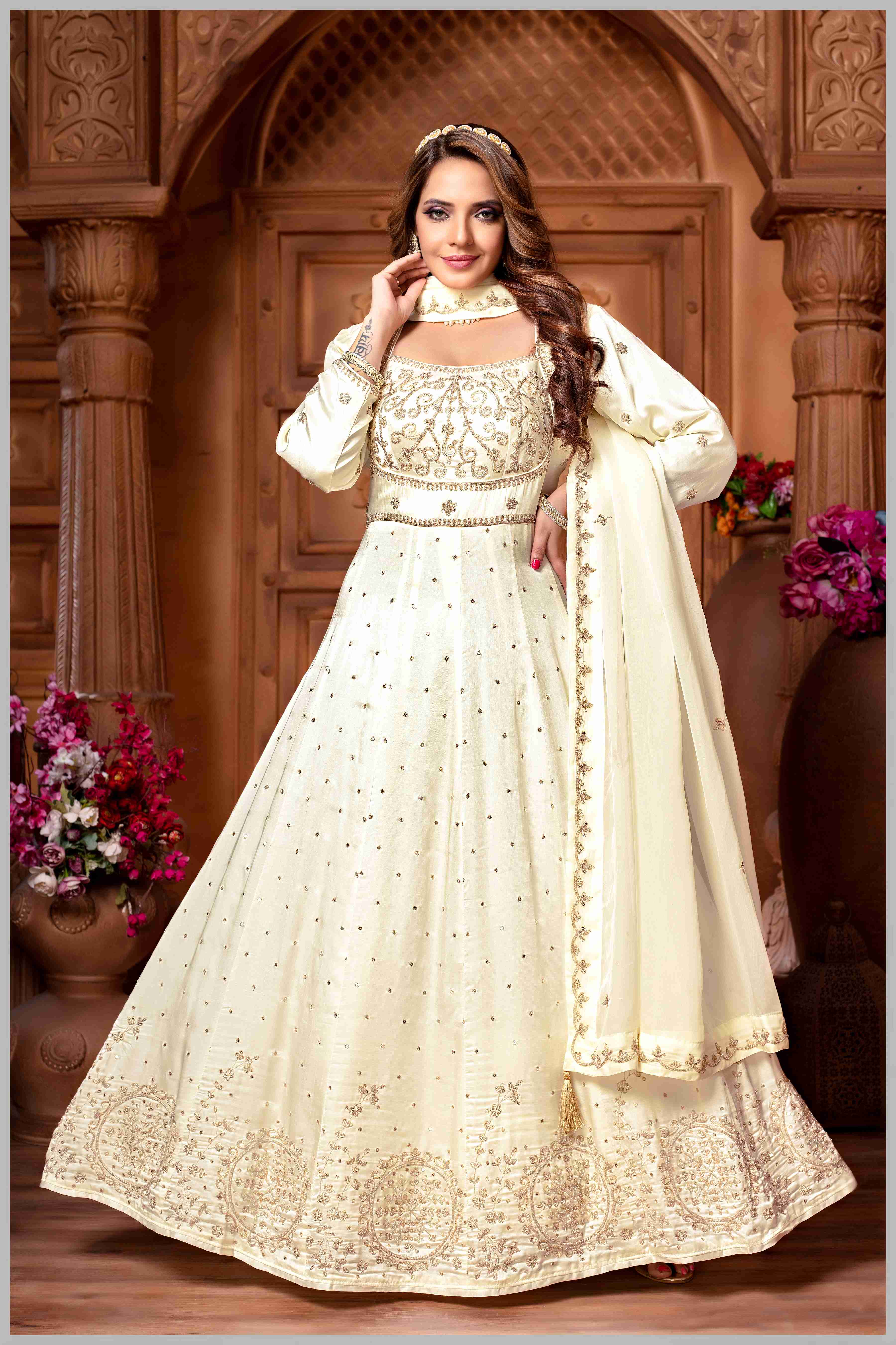 Off White Embroidered Anarkali Set.