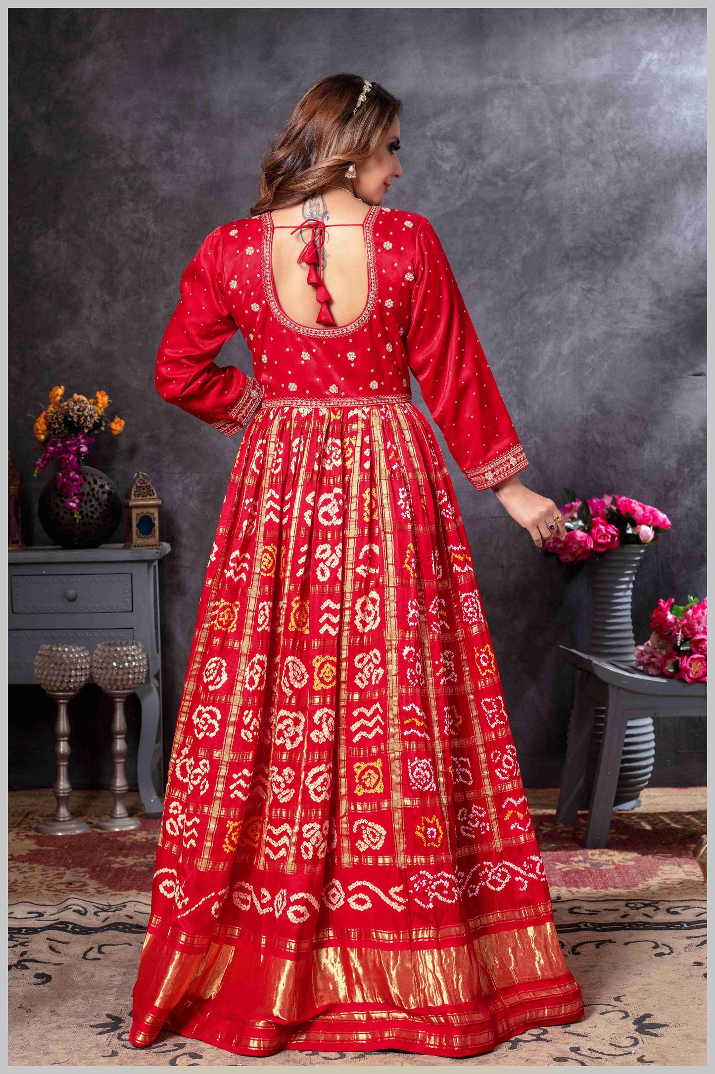 Red Mirror Anarkali with Bandhej-Style Dupatta