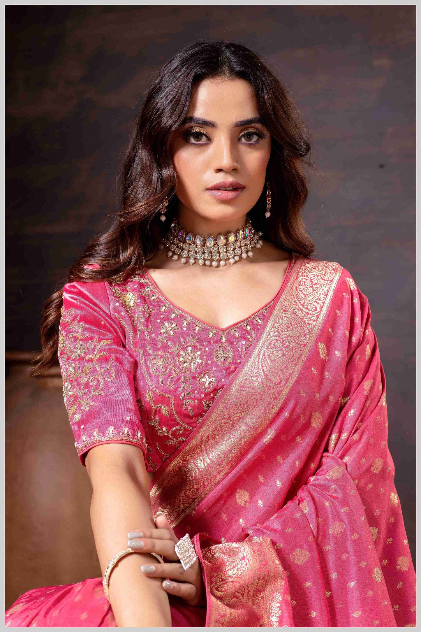 Vibrant Pink Zari Banarasi Silk Saree with Embroidered Stitched Blouse