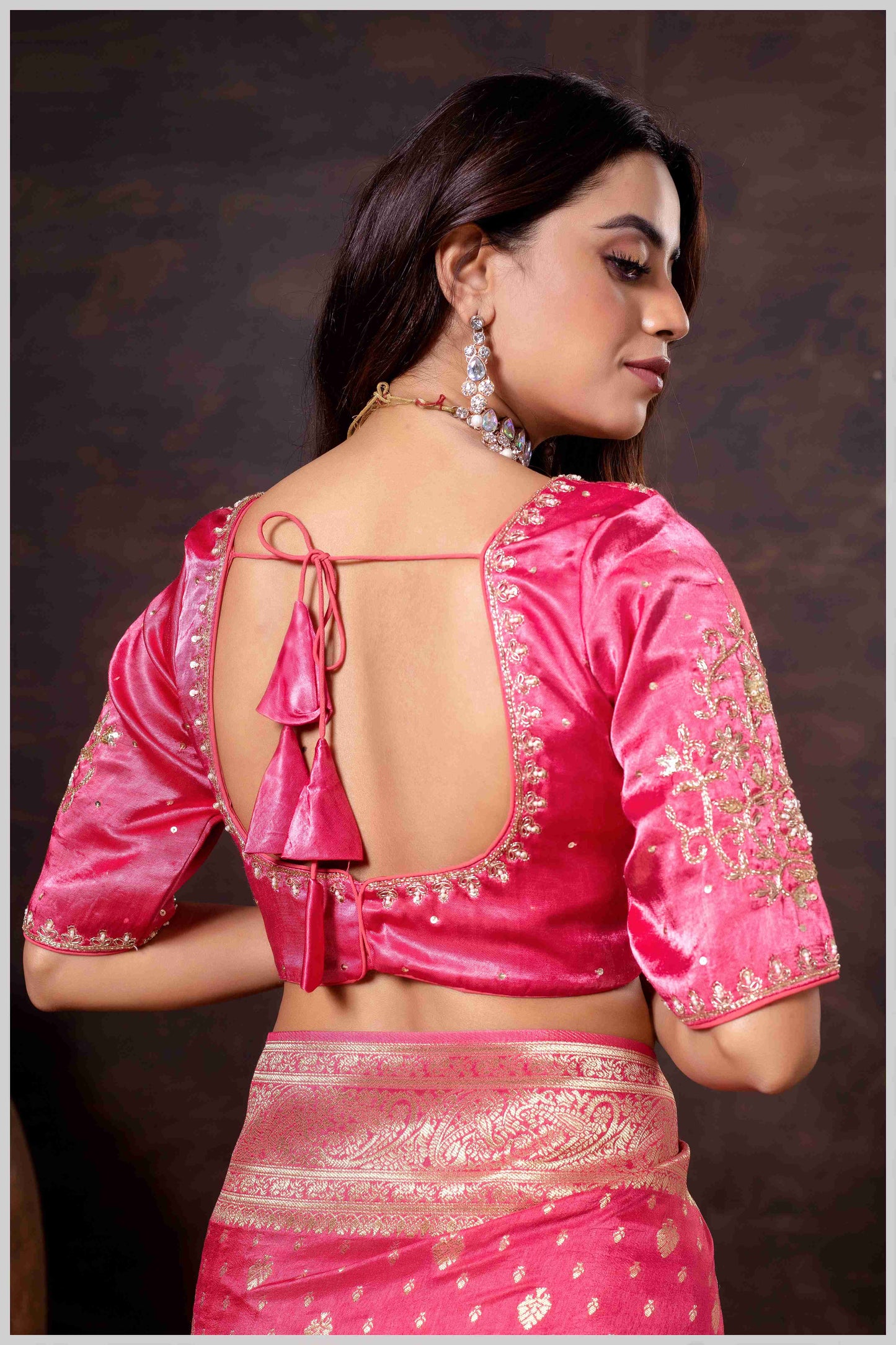 Vibrant Pink Zari Banarasi Silk Saree with Embroidered Stitched Blouse