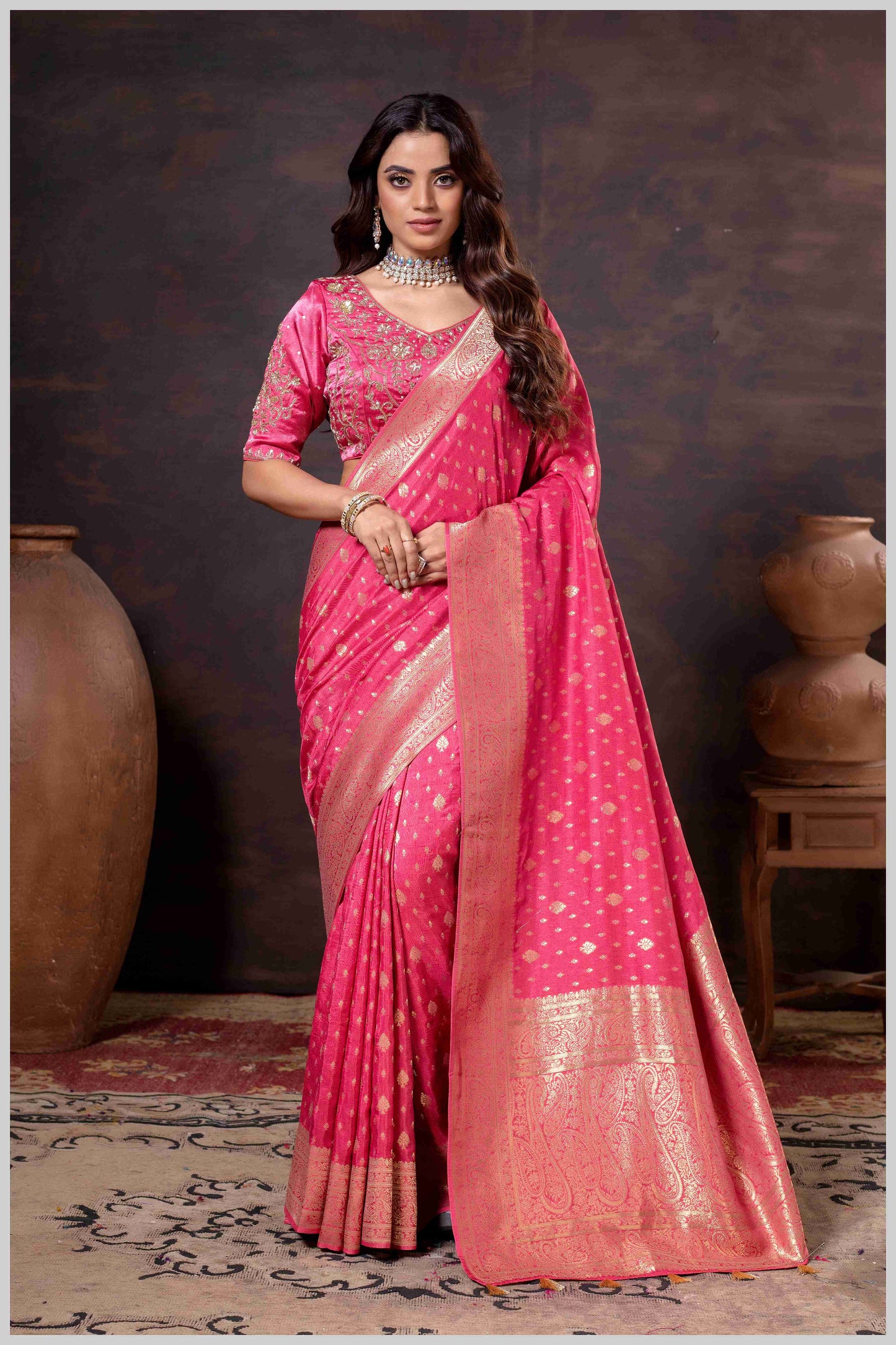 Vibrant Pink Zari Banarasi Silk Saree with Embroidered Stitched Blouse