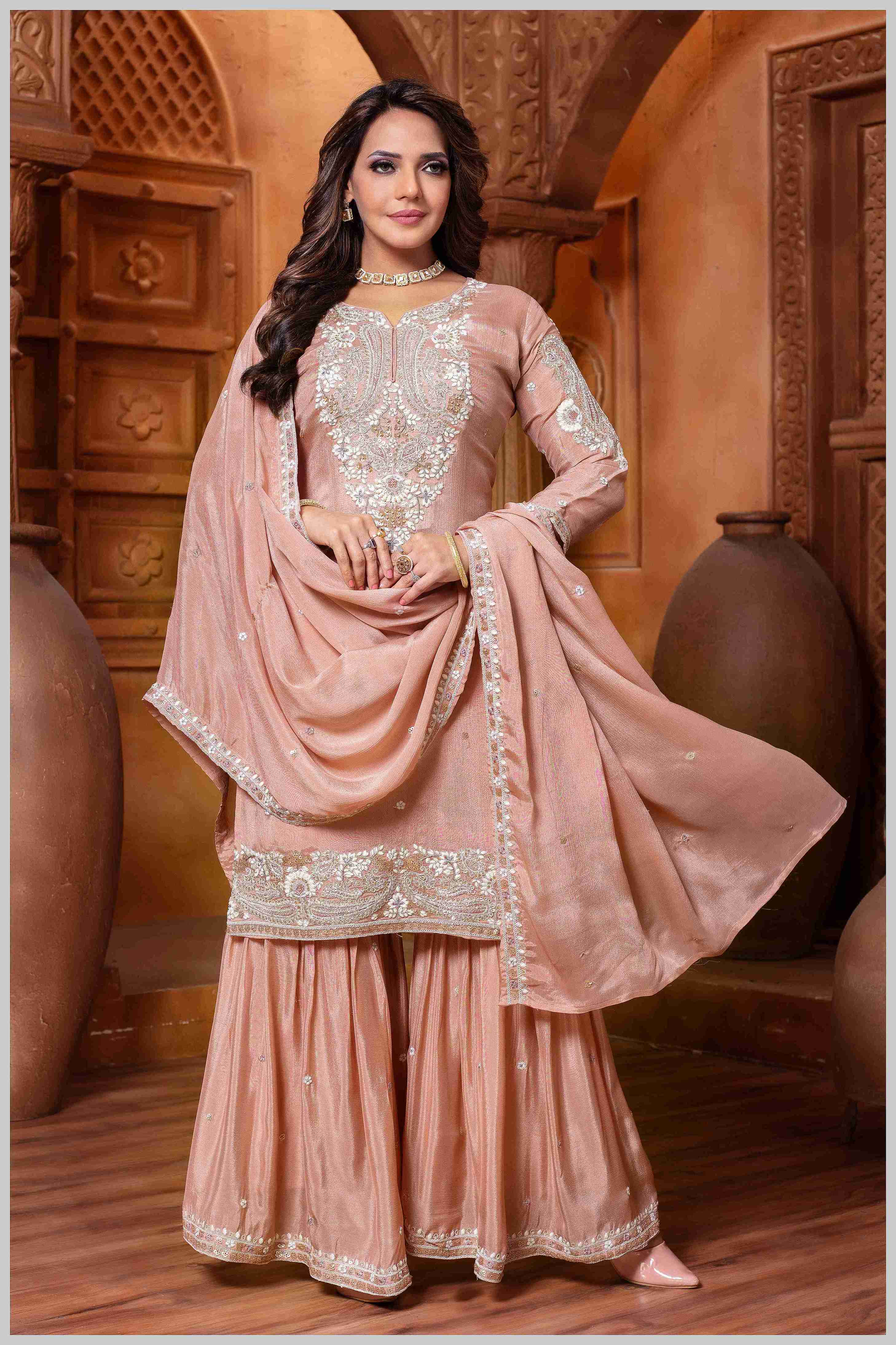 Baby pink Plazo Set with Pearl & Sequin Embroidery