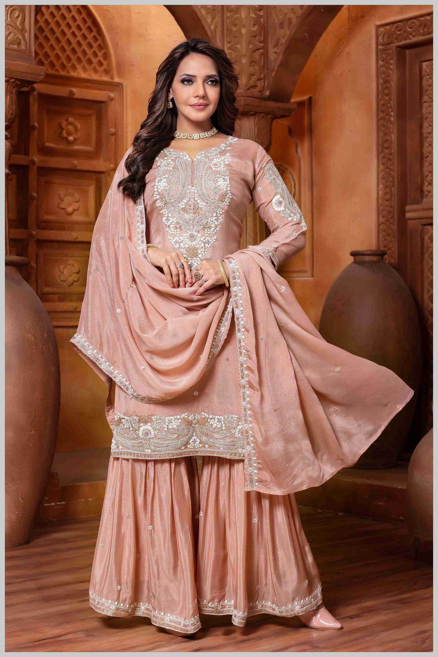 Baby pink Plazo Set with Pearl & Sequin Embroidery