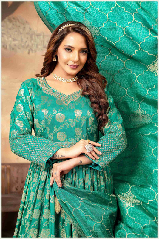 Teal Green Banarasi-Style Anarkali with Elegant Dupatta