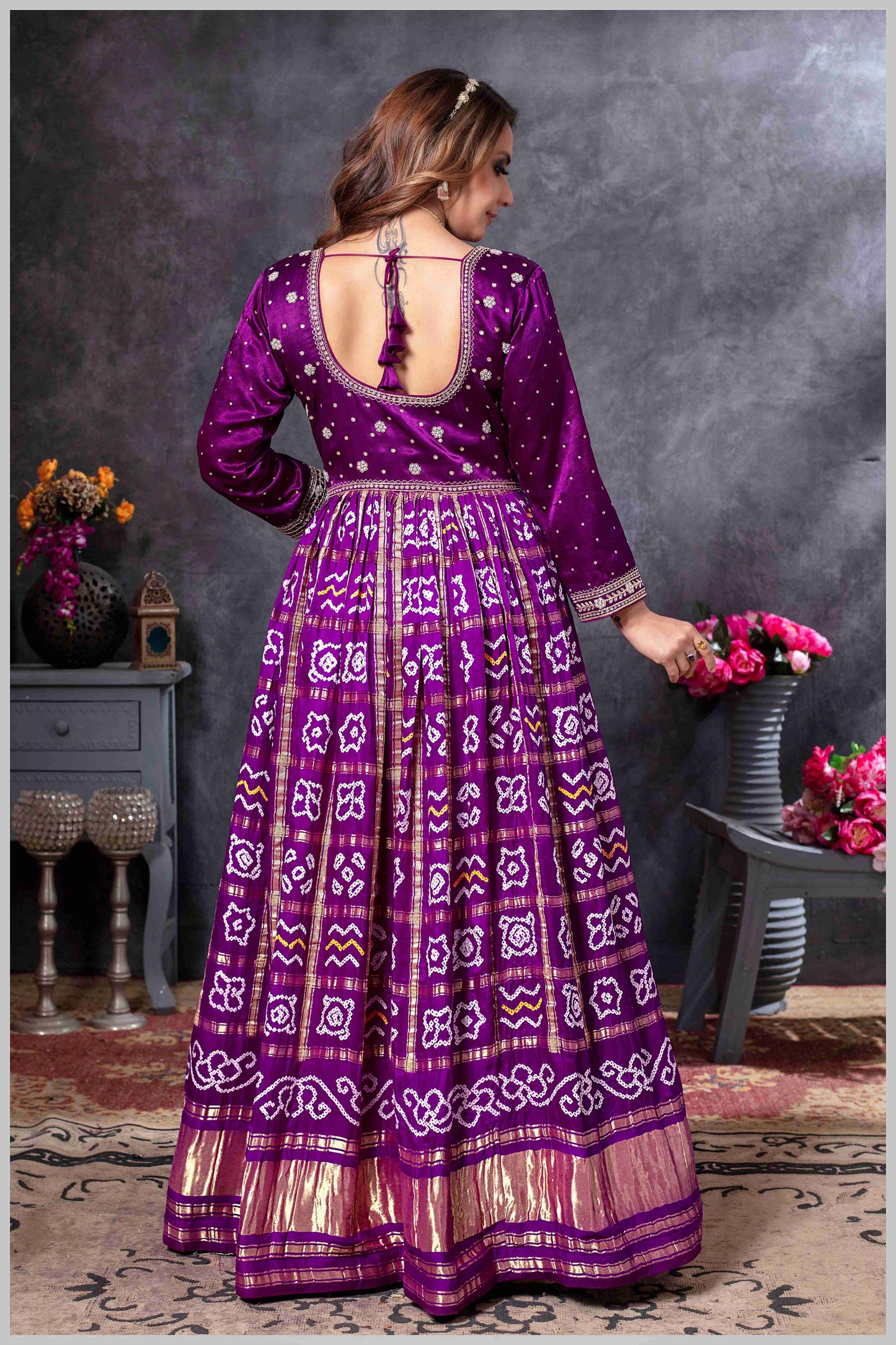 Purple Mirror Embroidered Anarkali with Bandhej-Style Dupatta