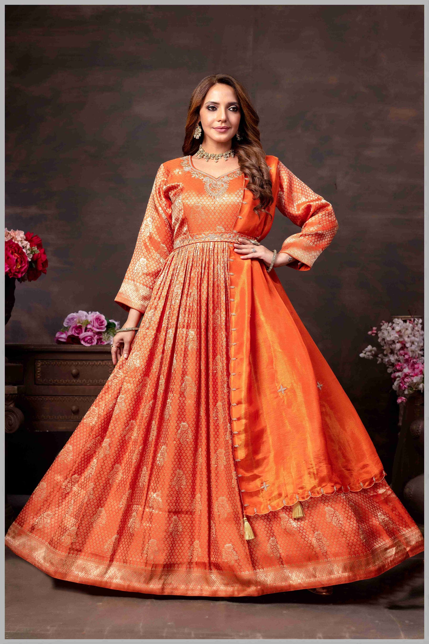 Rust Orange Tissue Anarkali Gown