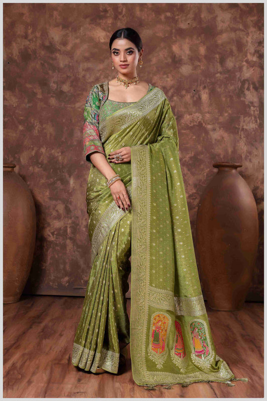 Mahendi Tissue Saree And Work Blouse with Traditional Pallu Art