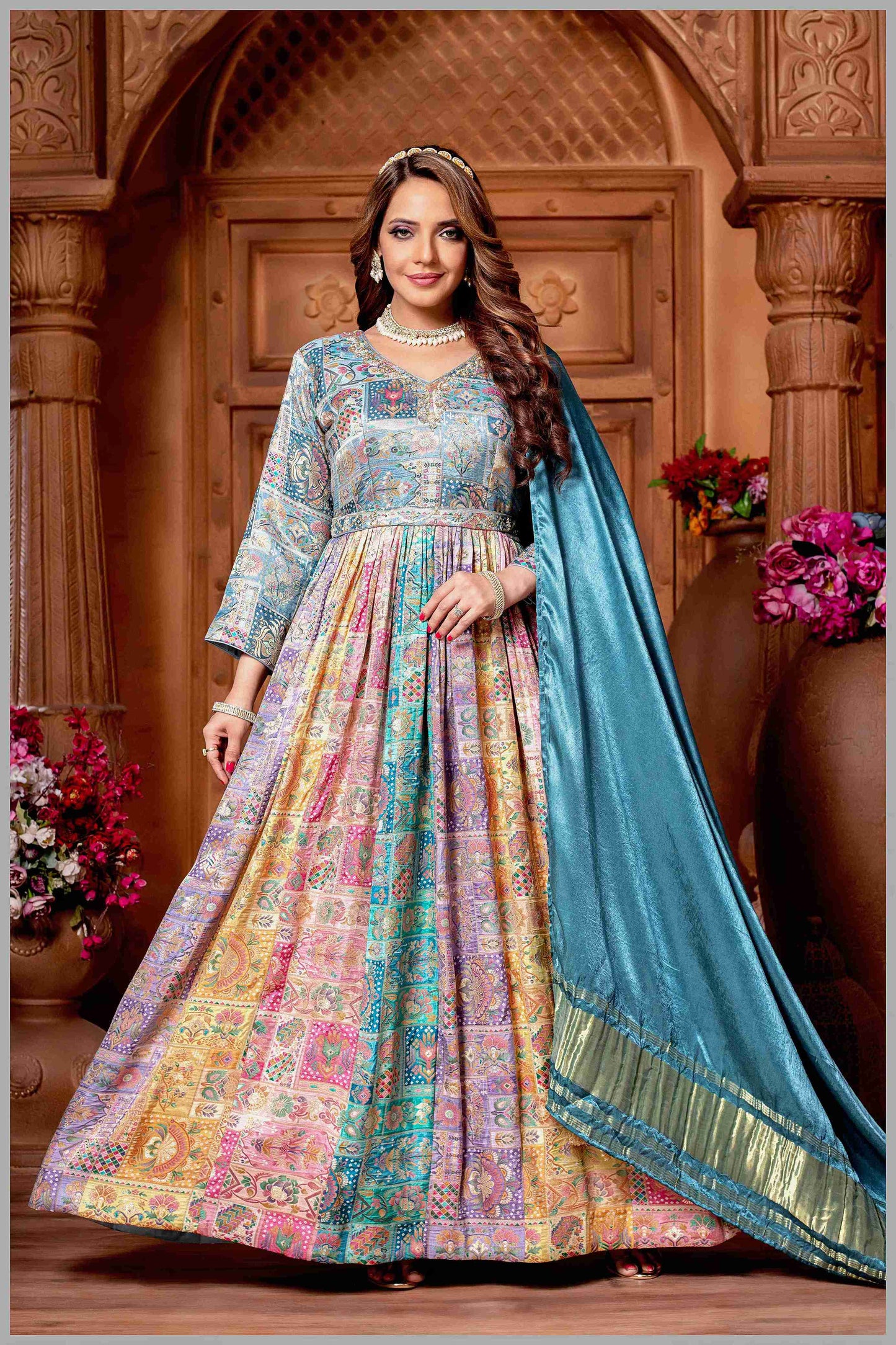 Multicolor Banarasi Anarkali Gown with DustyBlue dupatta