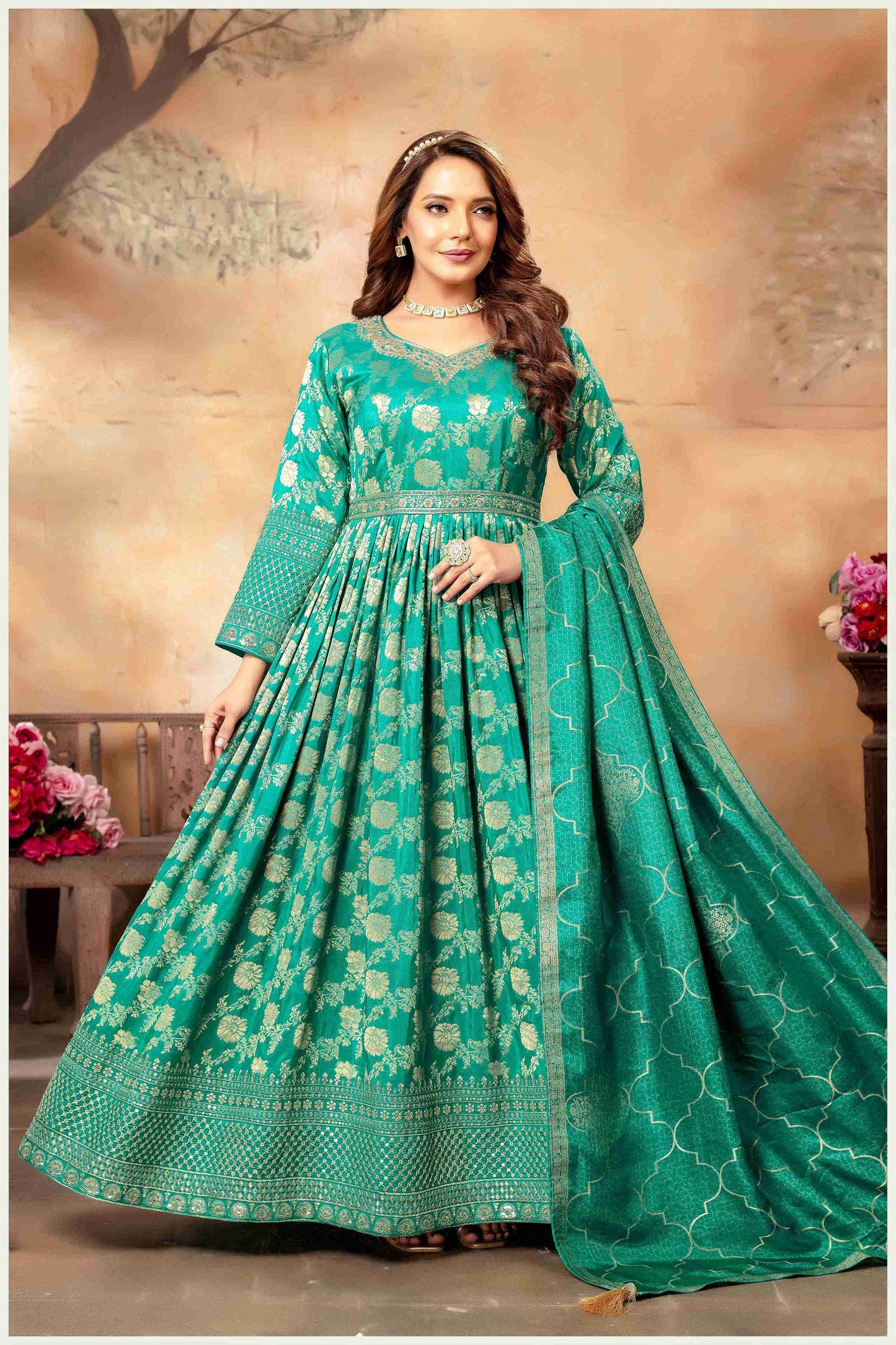 Teal Green Banarasi-Style Anarkali with Elegant Dupatta