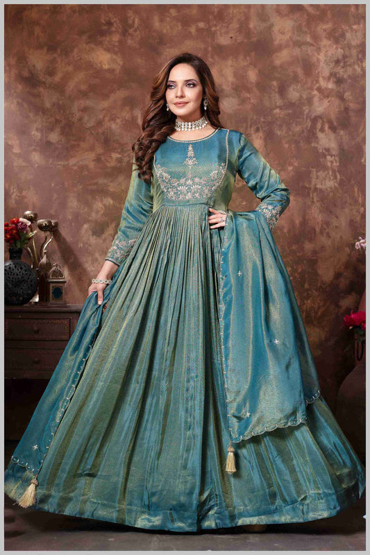 Aqua Blue Anarkali with Golden Thread Embroidery