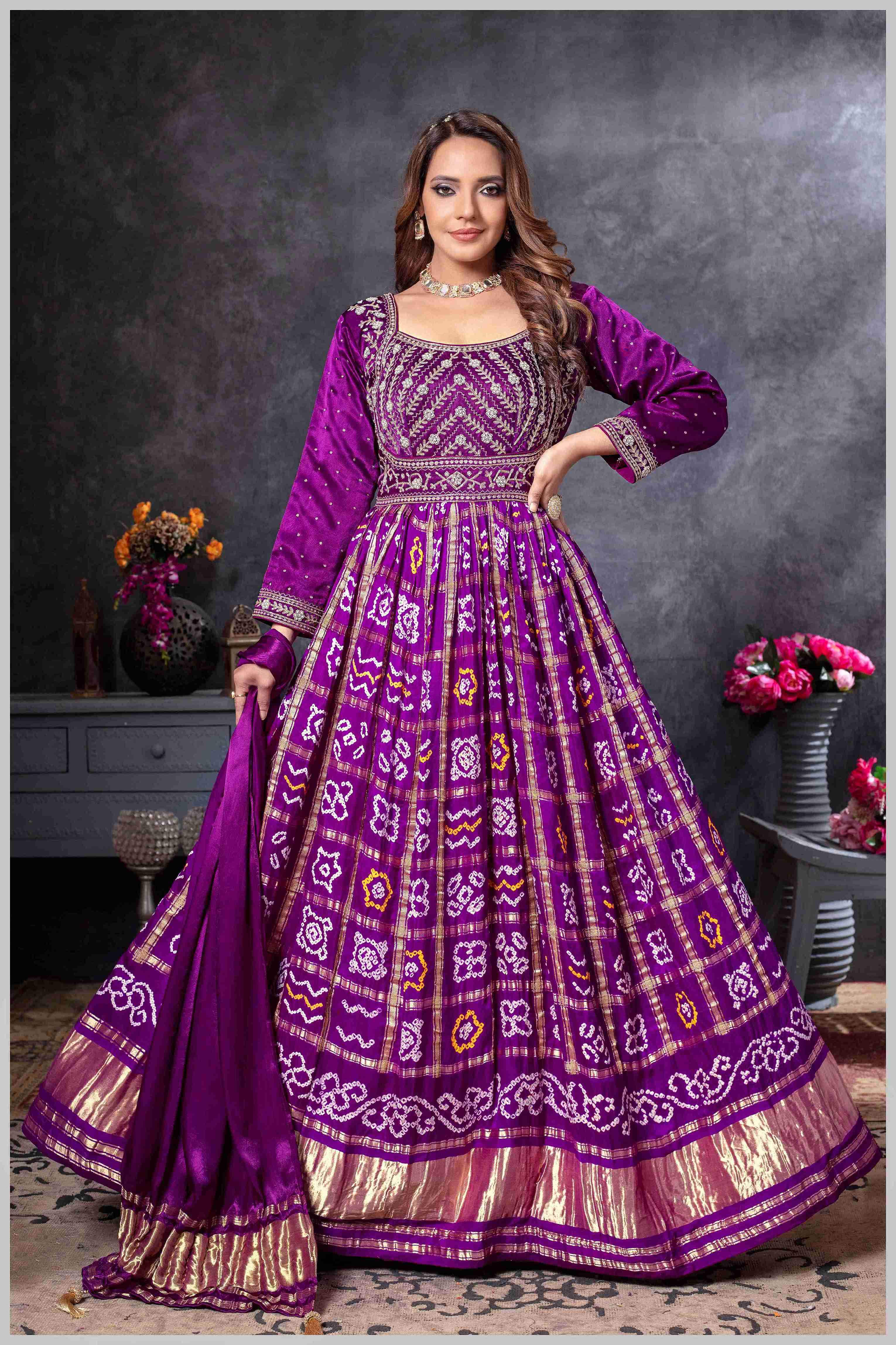 Purple Mirror Embroidered Anarkali with Bandhej-Style Dupatta