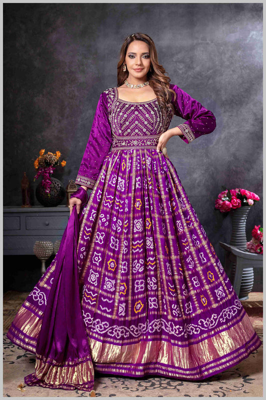 Purple Mirror Embroidered Anarkali with Bandhej-Style Dupatta