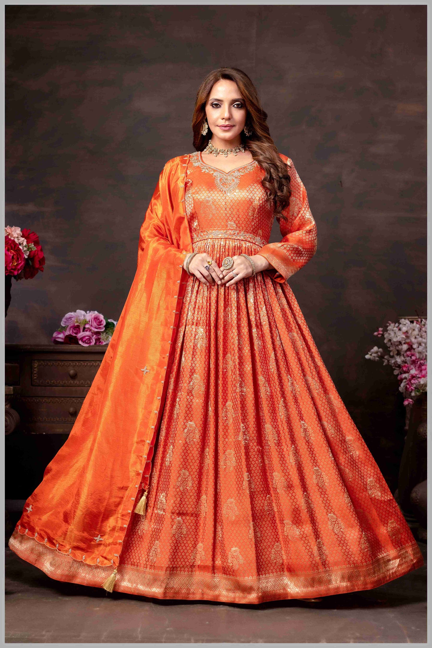 Rust Orange Tissue Anarkali Gown