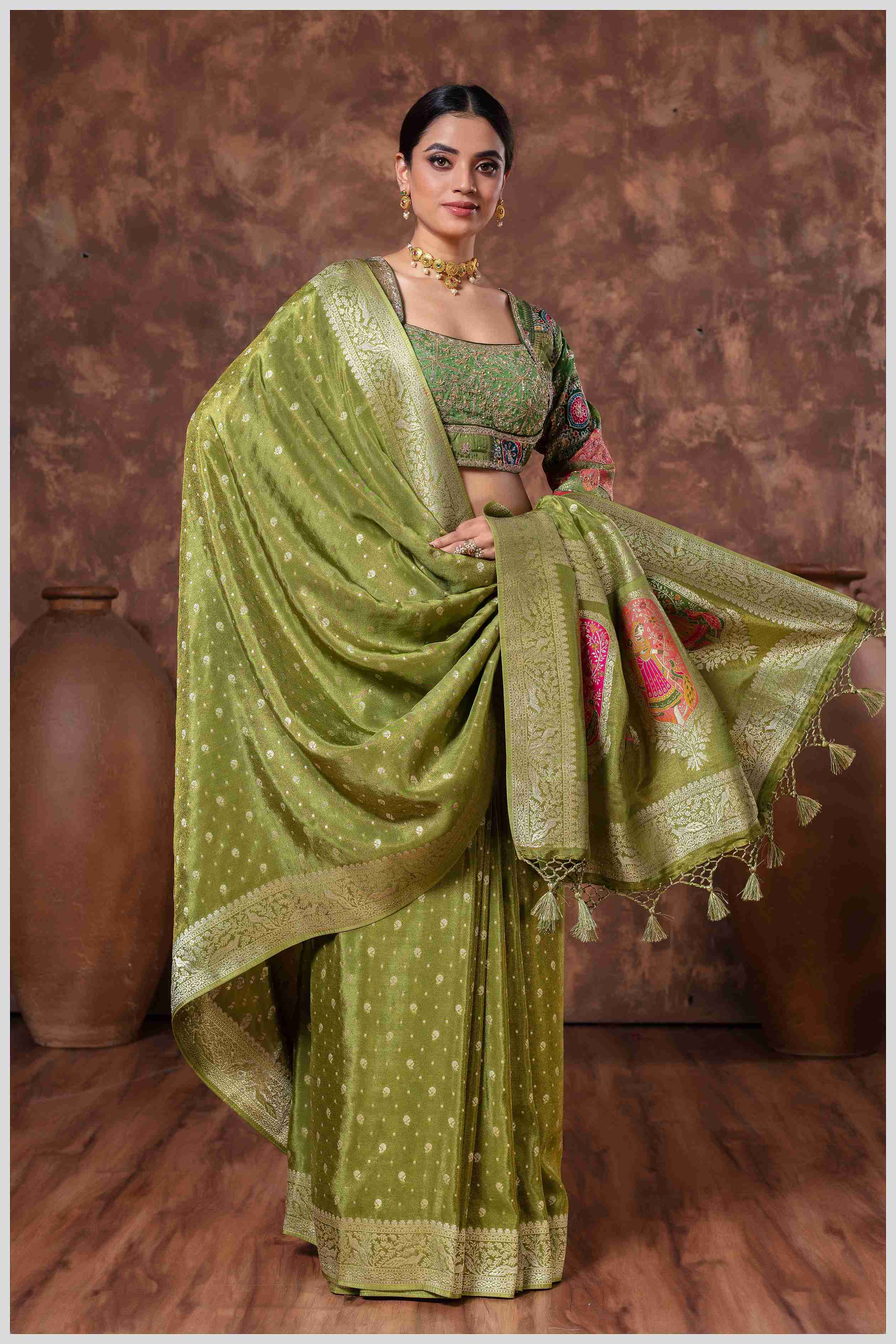 Mahendi Tissue Saree And Work Blouse with Traditional Pallu Art