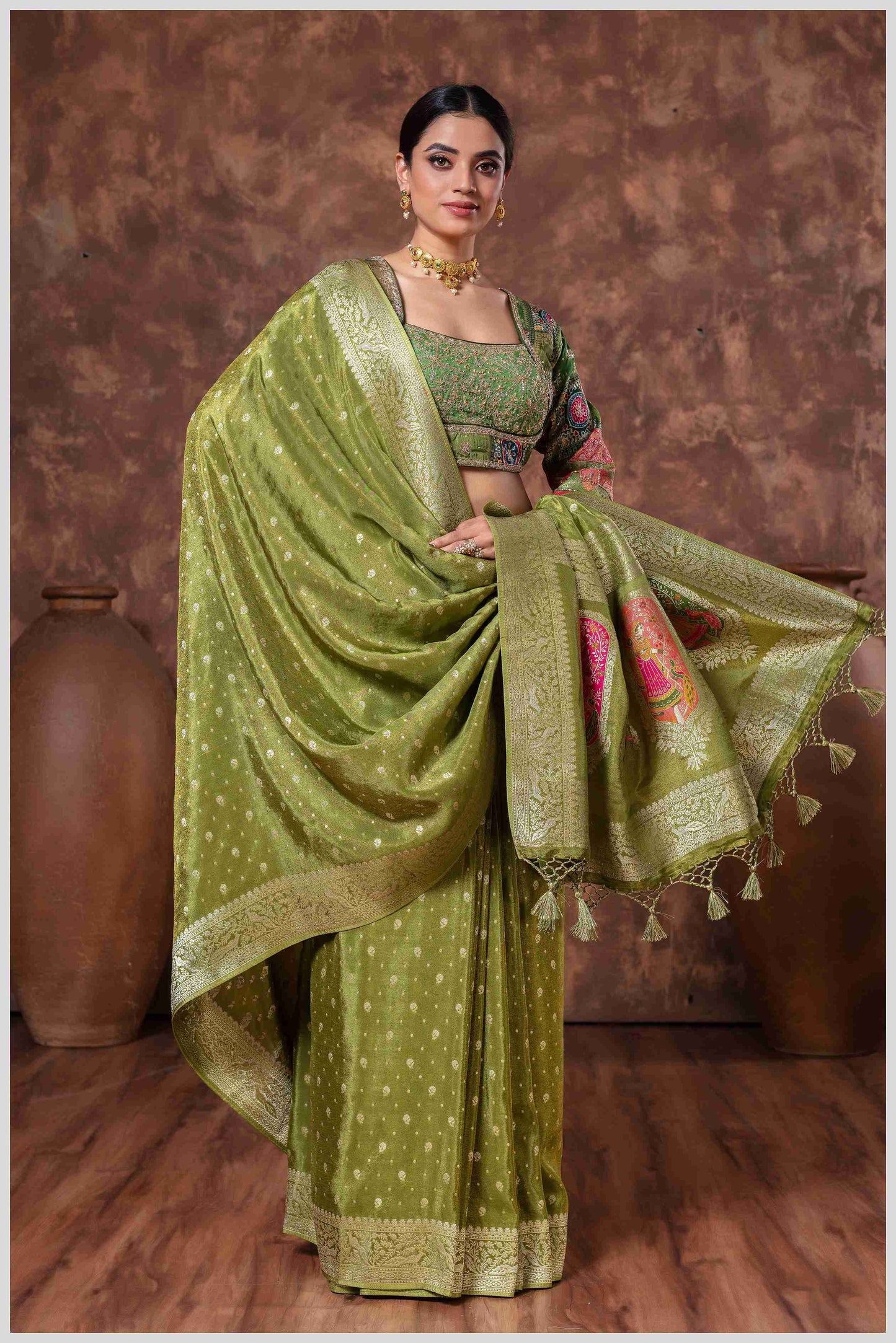 Mahendi Tissue Saree And Work Blouse with Traditional Pallu Art
