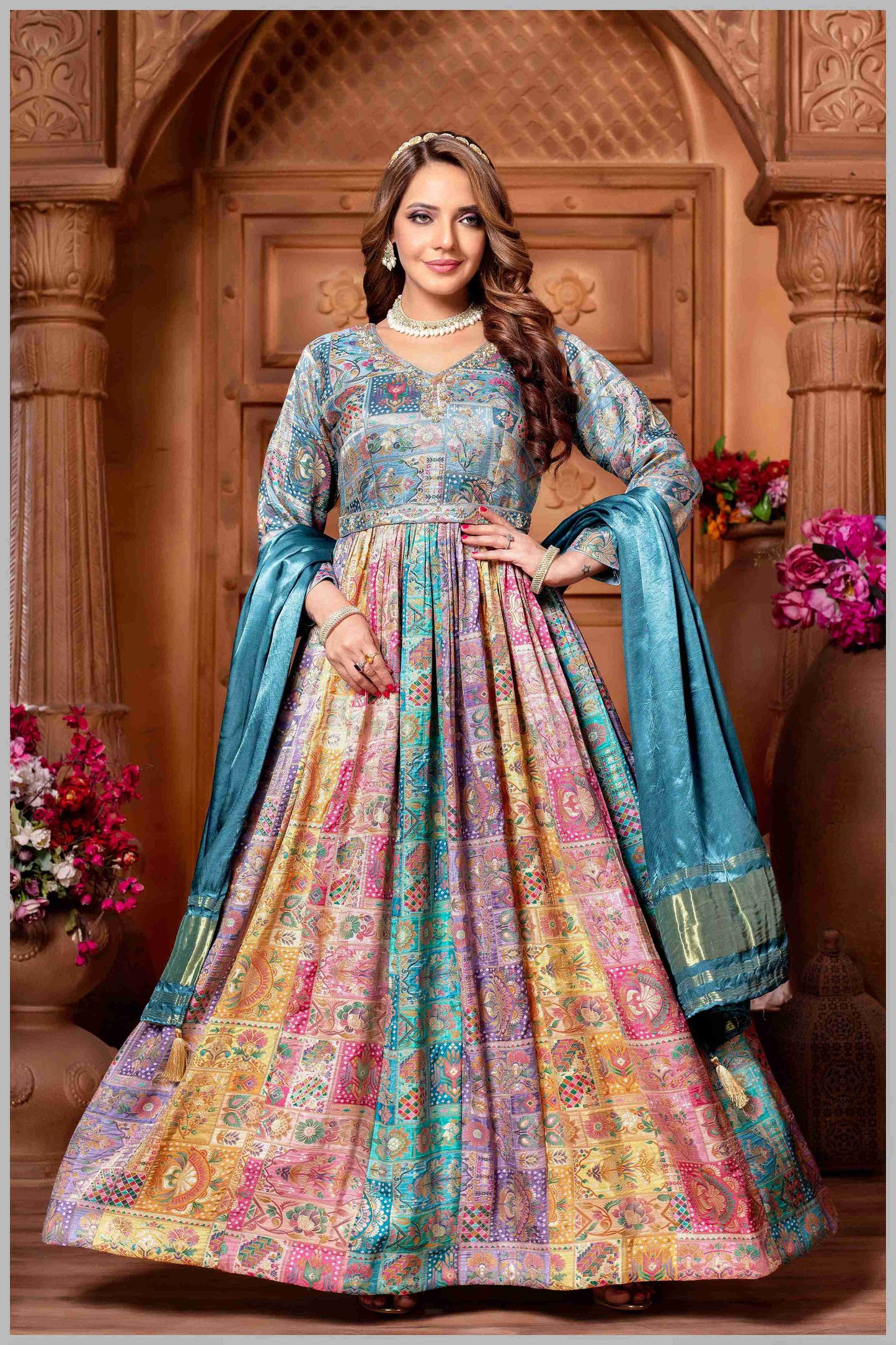 Multicolor Banarasi Anarkali Gown with DustyBlue dupatta