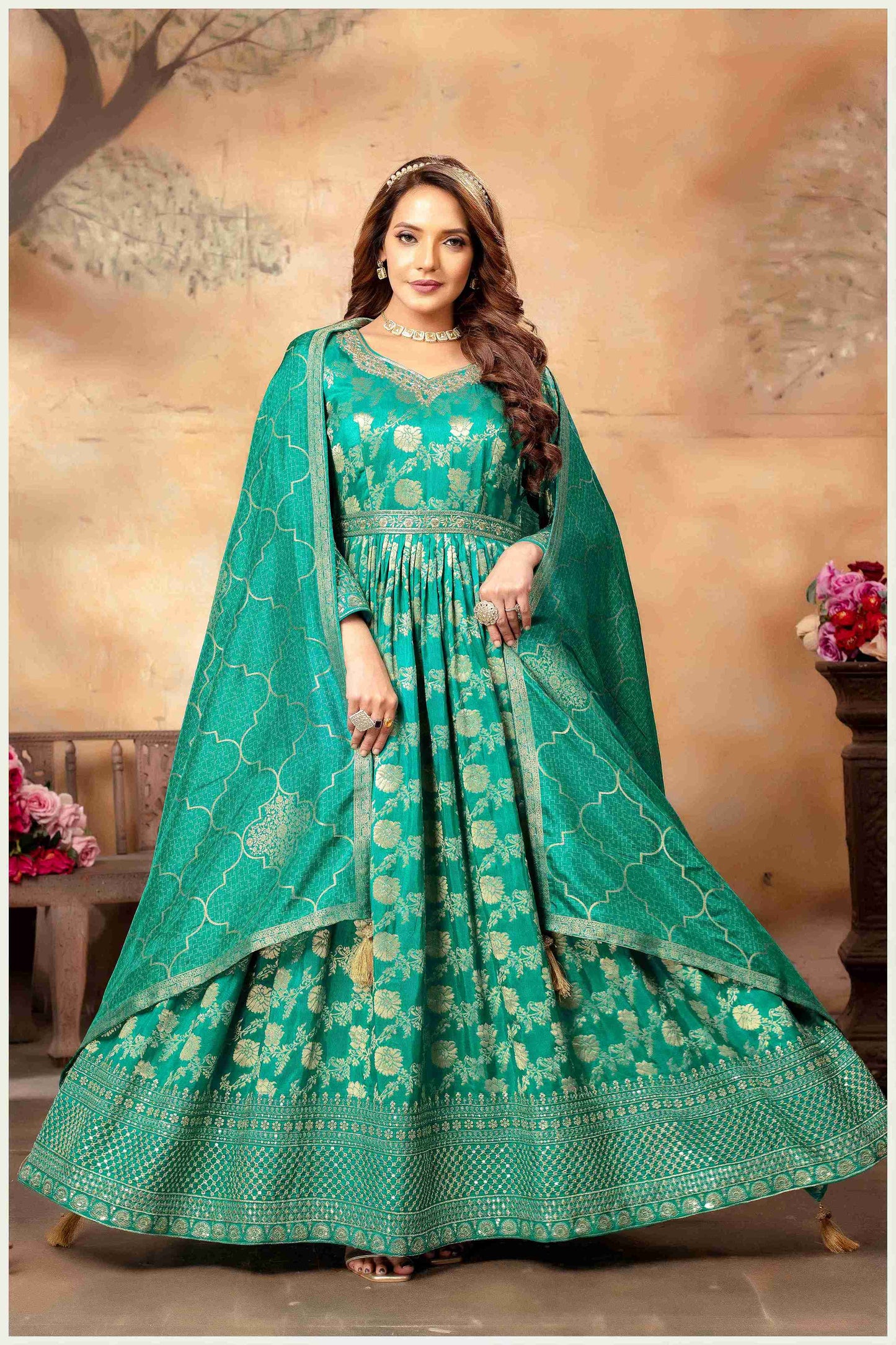 Teal Green Banarasi-Style Anarkali with Elegant Dupatta