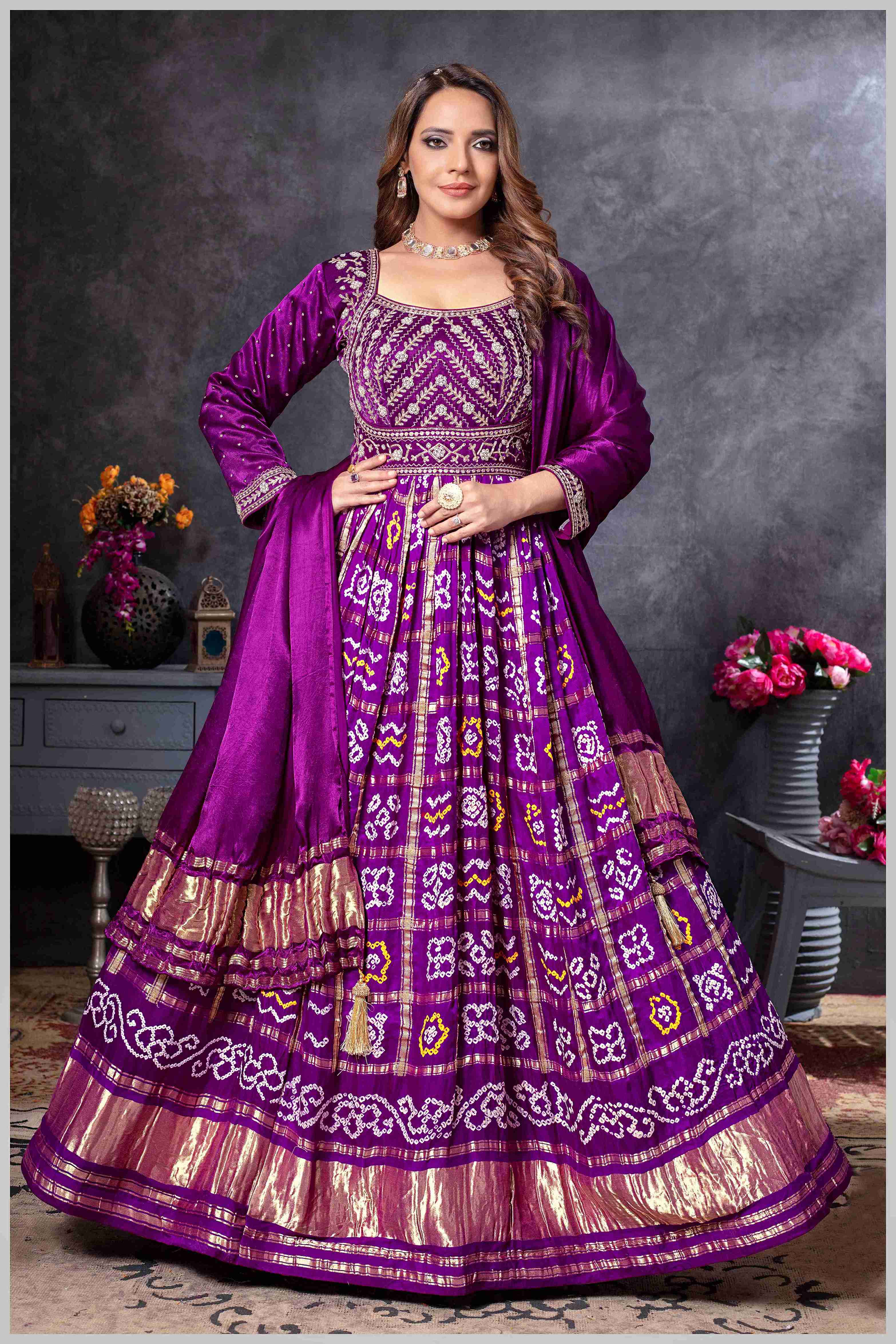 Purple Mirror Embroidered Anarkali with Bandhej-Style Dupatta