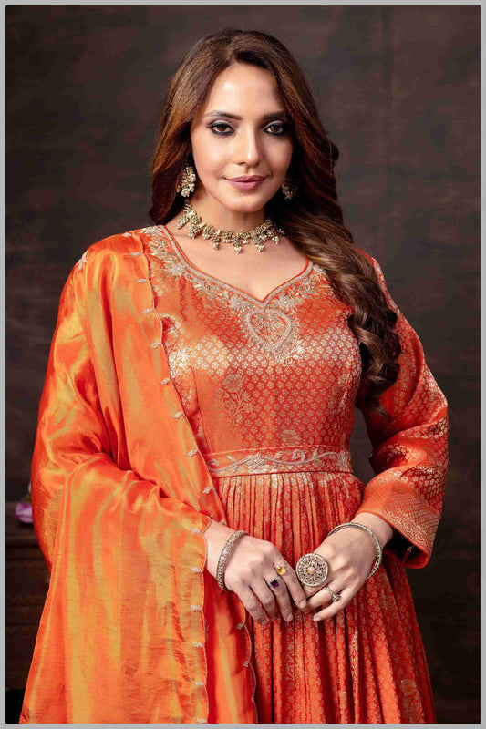 Rust Orange Tissue Anarkali Gown