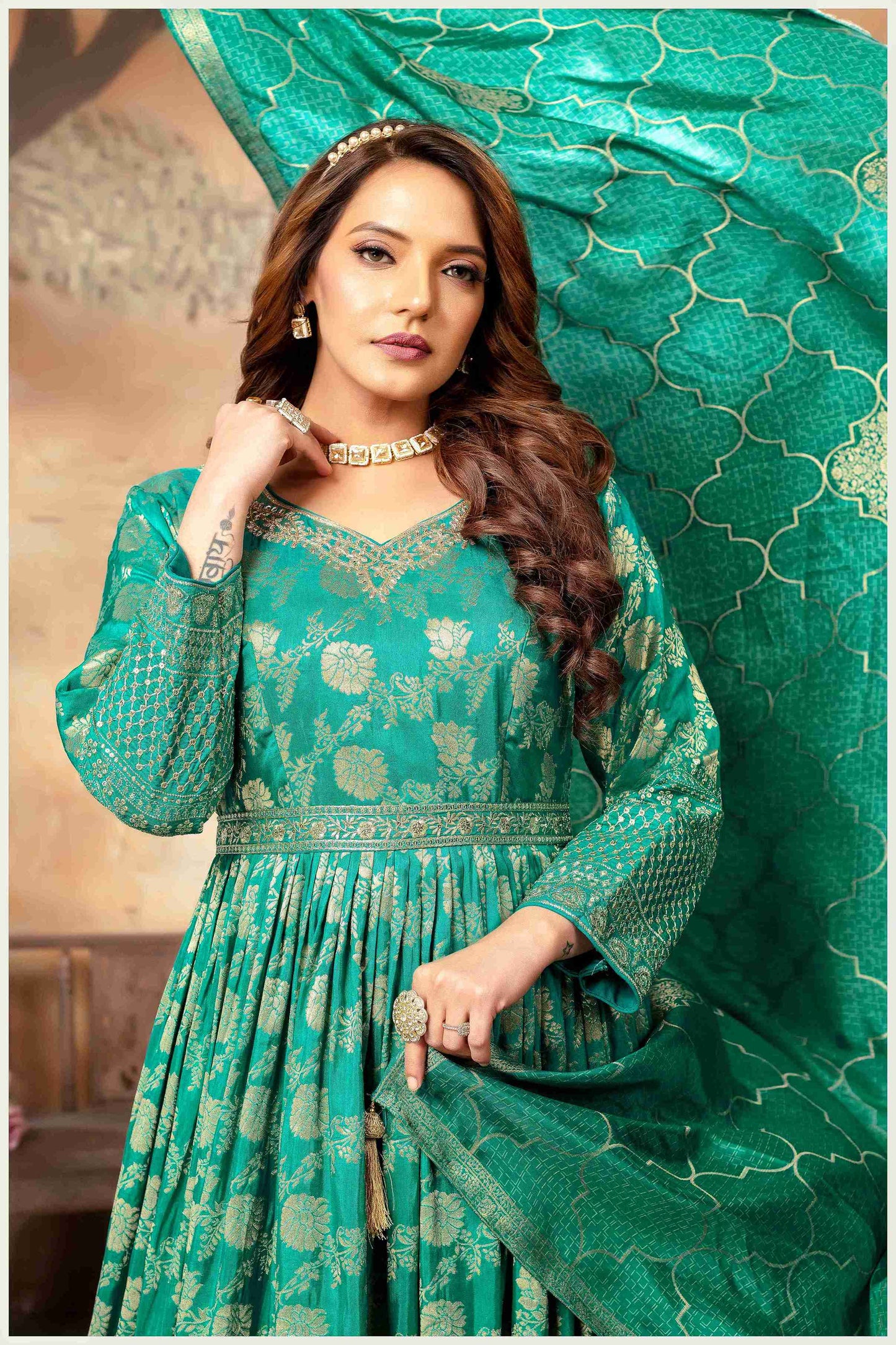 Teal Green Banarasi-Style Anarkali with Elegant Dupatta