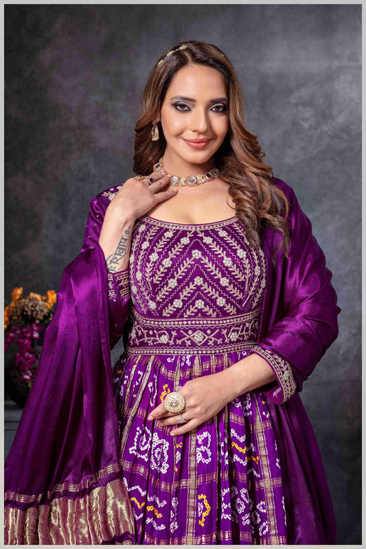 Purple Mirror Embroidered Anarkali with Bandhej-Style Dupatta