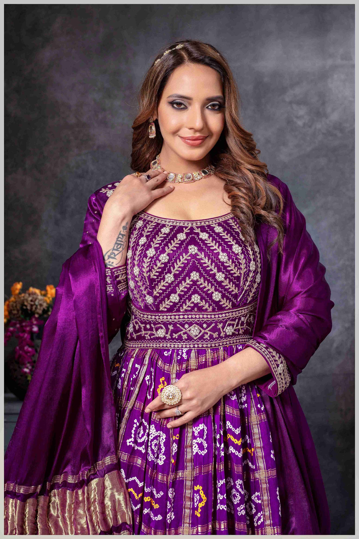 Purple Mirror Embroidered Anarkali with Bandhej-Style Dupatta