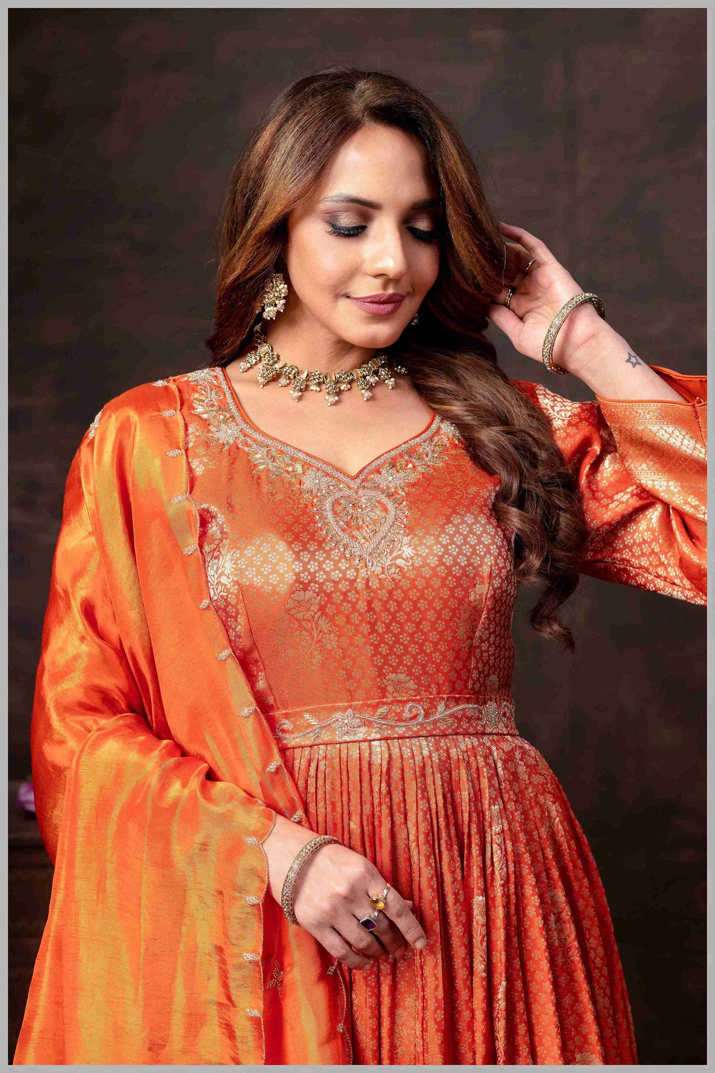 Rust Orange Tissue Anarkali Gown