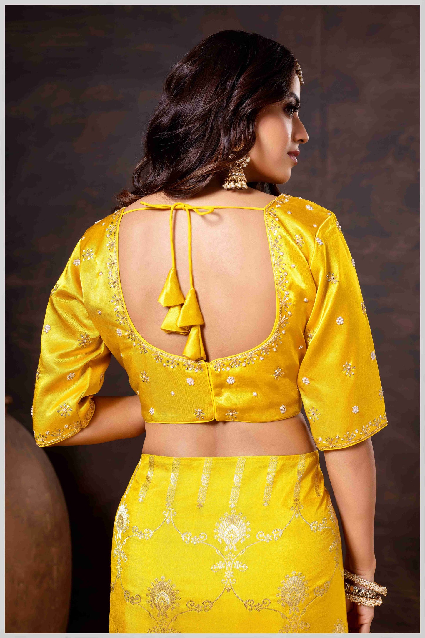 Graceful mustard Banarasi Silk Saree with Zari Accents & Embroidered Blouse