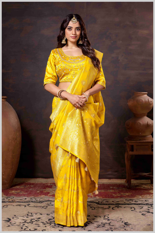 Graceful mustard Banarasi Silk Saree with Zari Accents & Embroidered Blouse