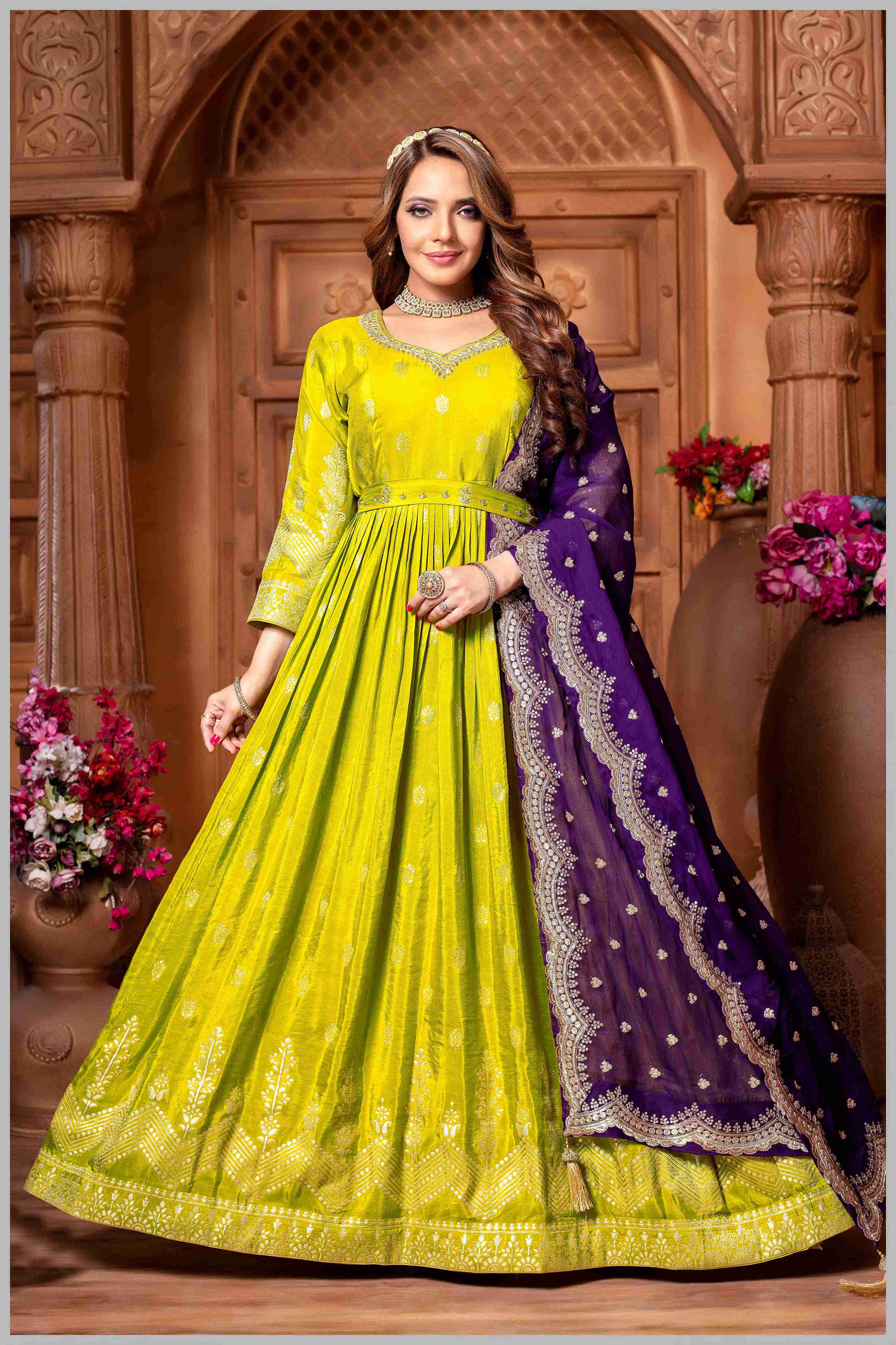 Lime Green Anarkali with Contrasting Purple Dupatta aashnaheritage Lime Green Anarkali with Contrasting Purple Dupatta aashnaheritage