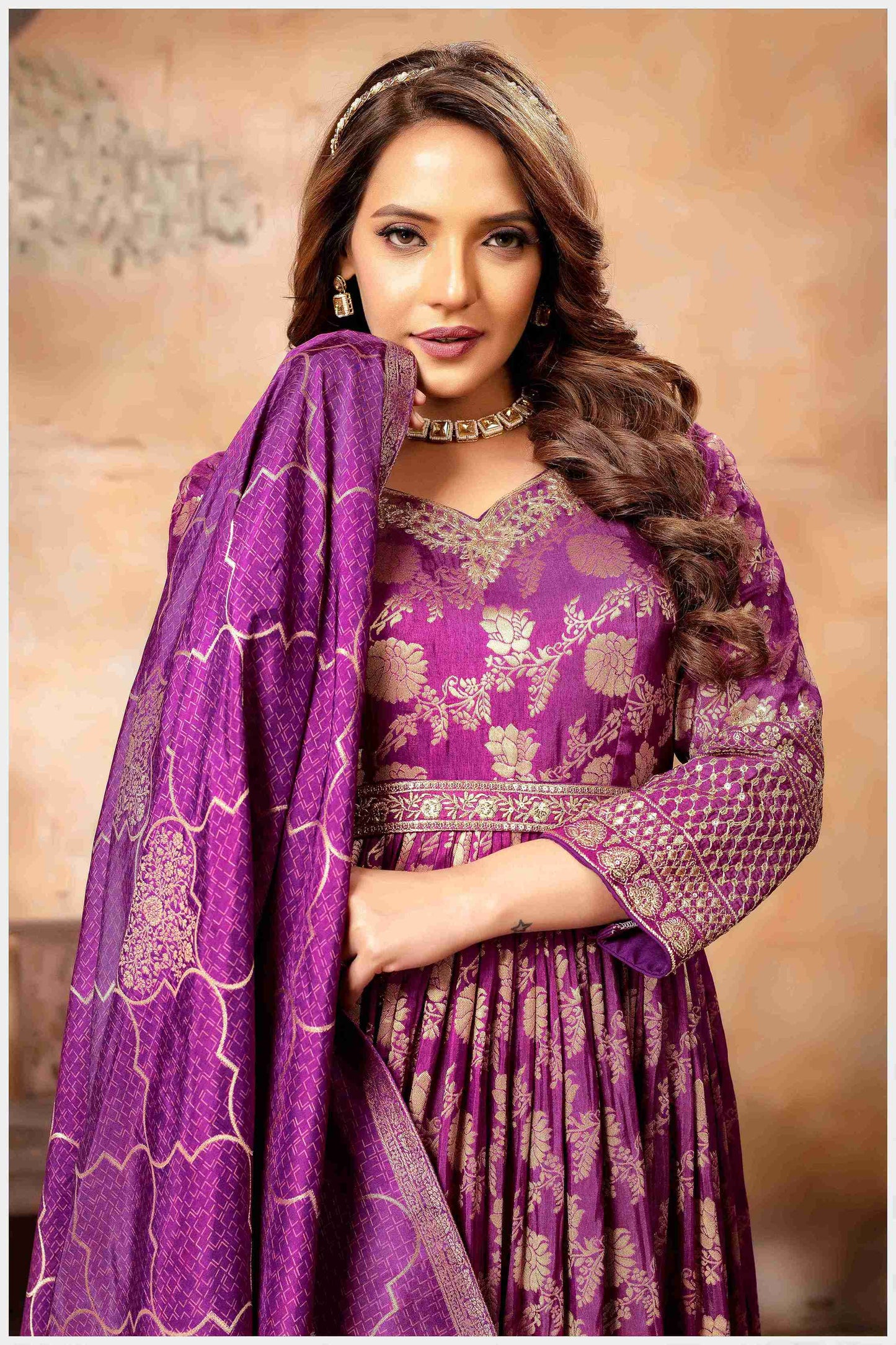 Magenta Banarasi-Style Anarkali with Elegant Dupatta