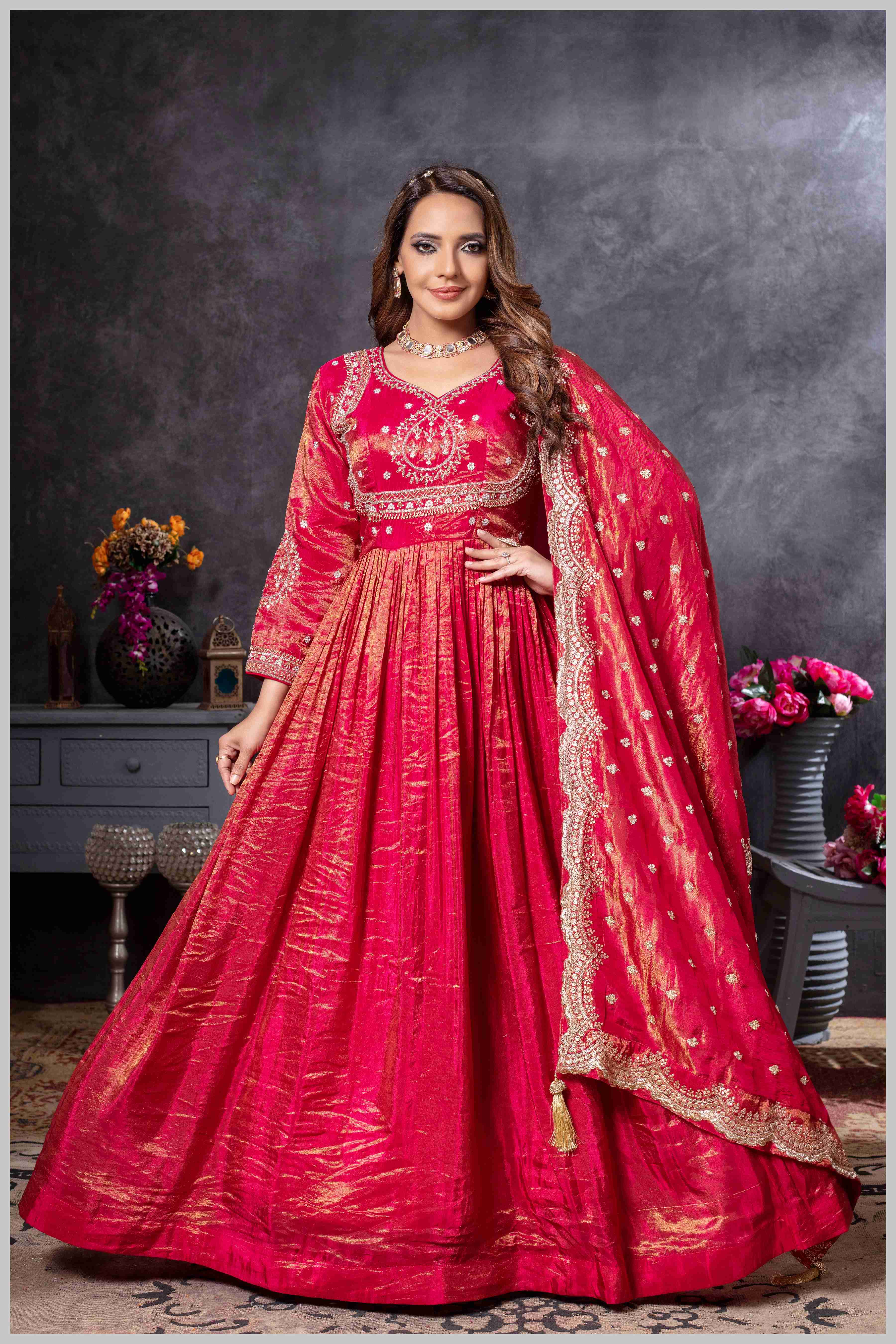 Deep Red Gown with Zari and Dupatta