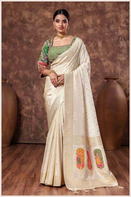 Off-White Tissue Saree And Work Blouse with Traditional Pallu Art