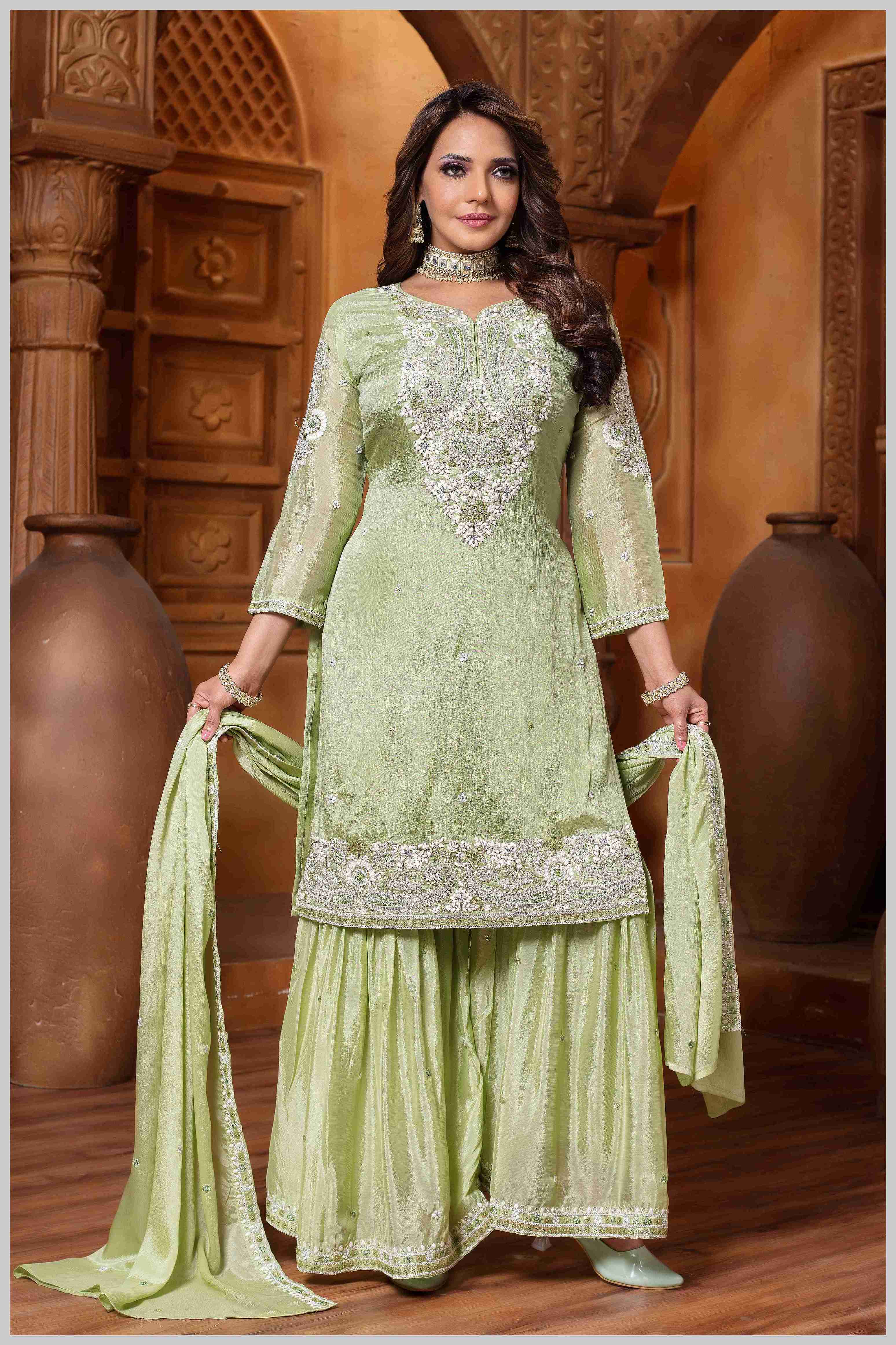 SeaGreen Plazo Set with Pearl & Sequin Embroidery